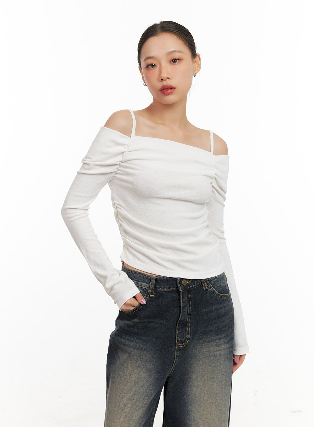 Shirred Off Shoulder Crop Top CD410