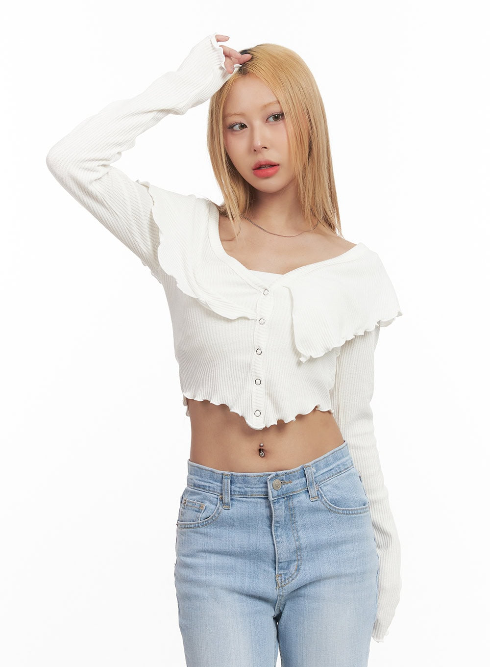 Frill Layered Long-Sleeve Button Crop Top CM505