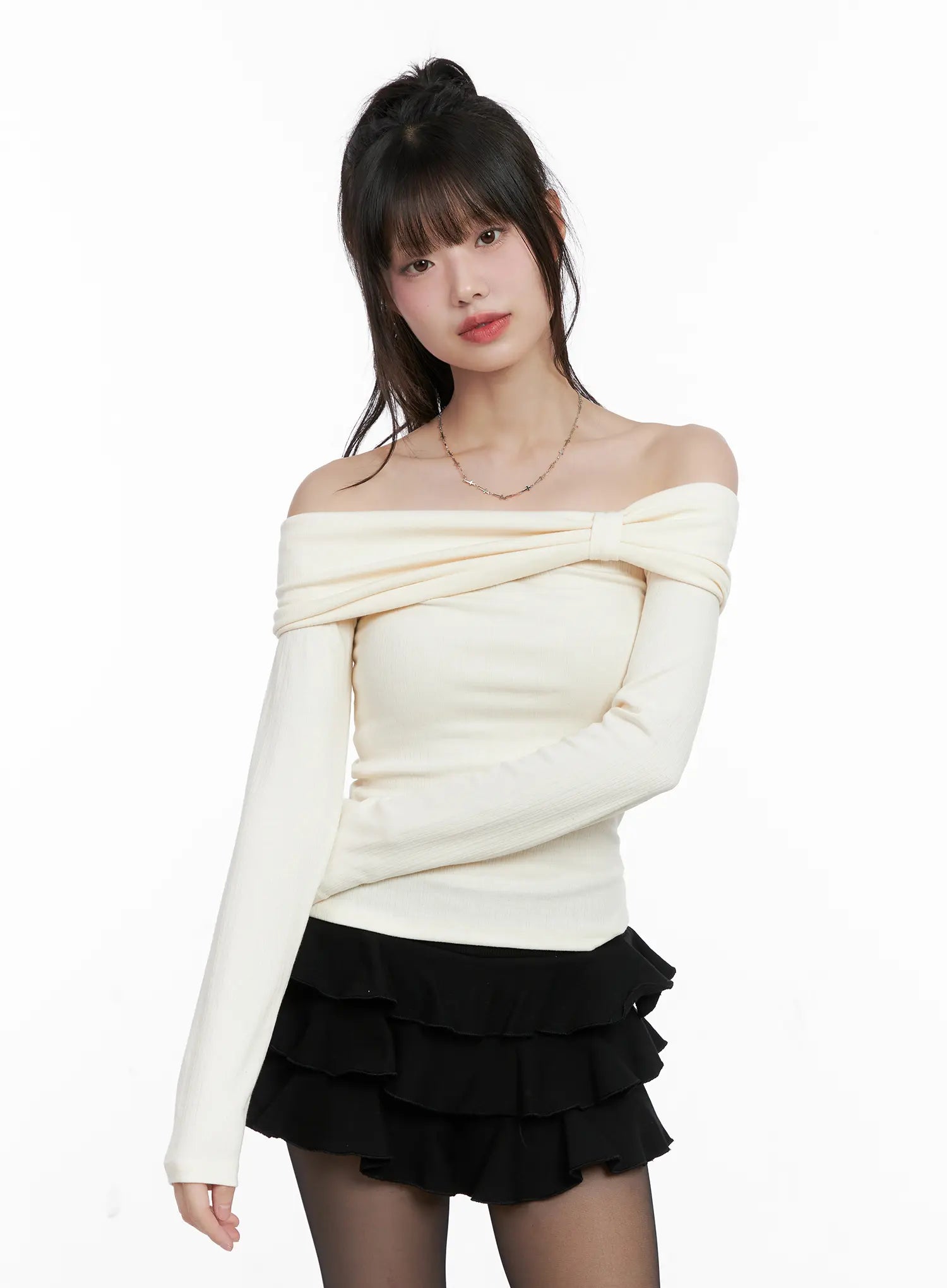 Ribbed Off-Shoulder Long Sleeve Top CG518