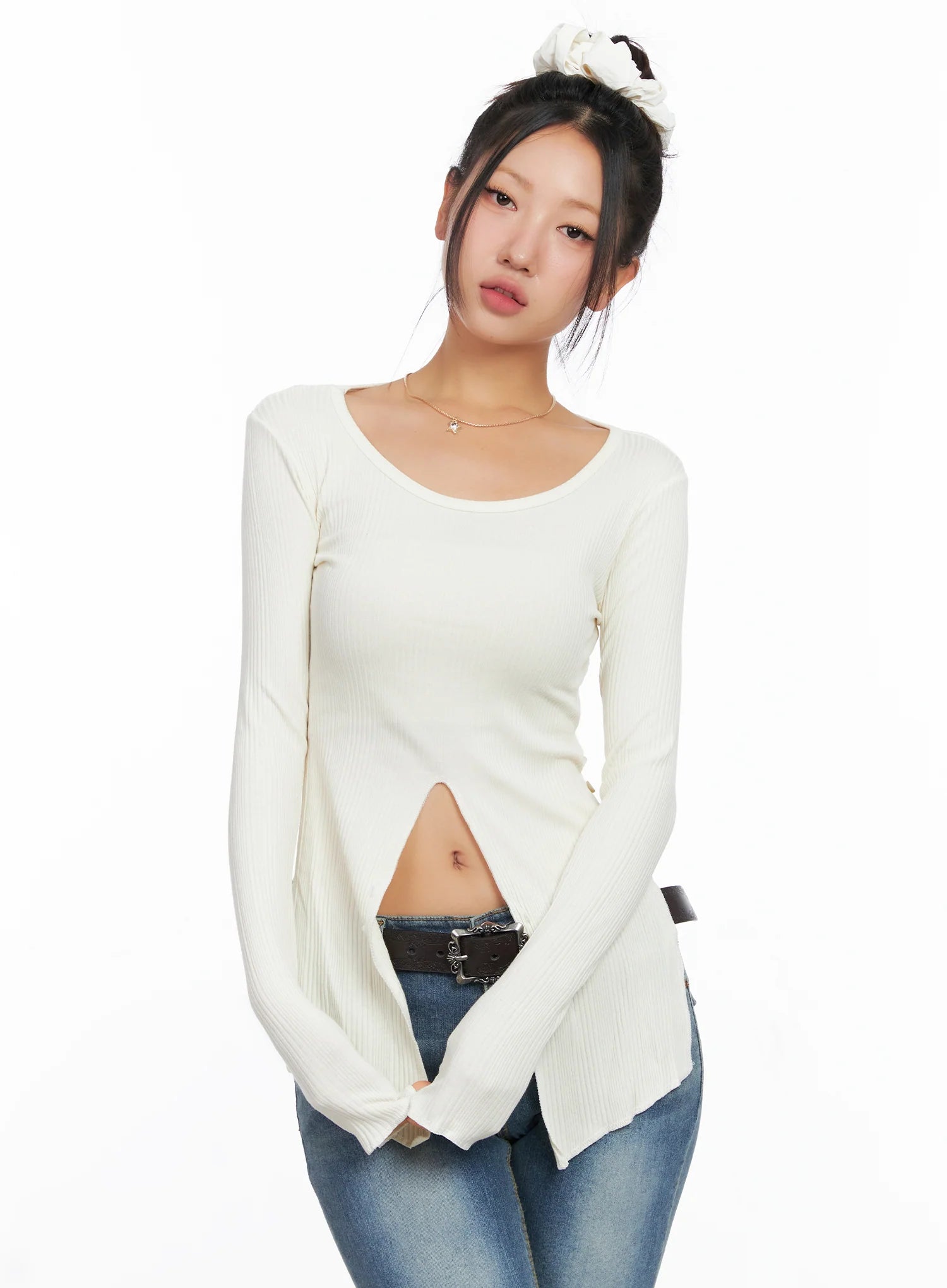 Ribbed U-Neck Button Detail Long Sleeve Top CO514