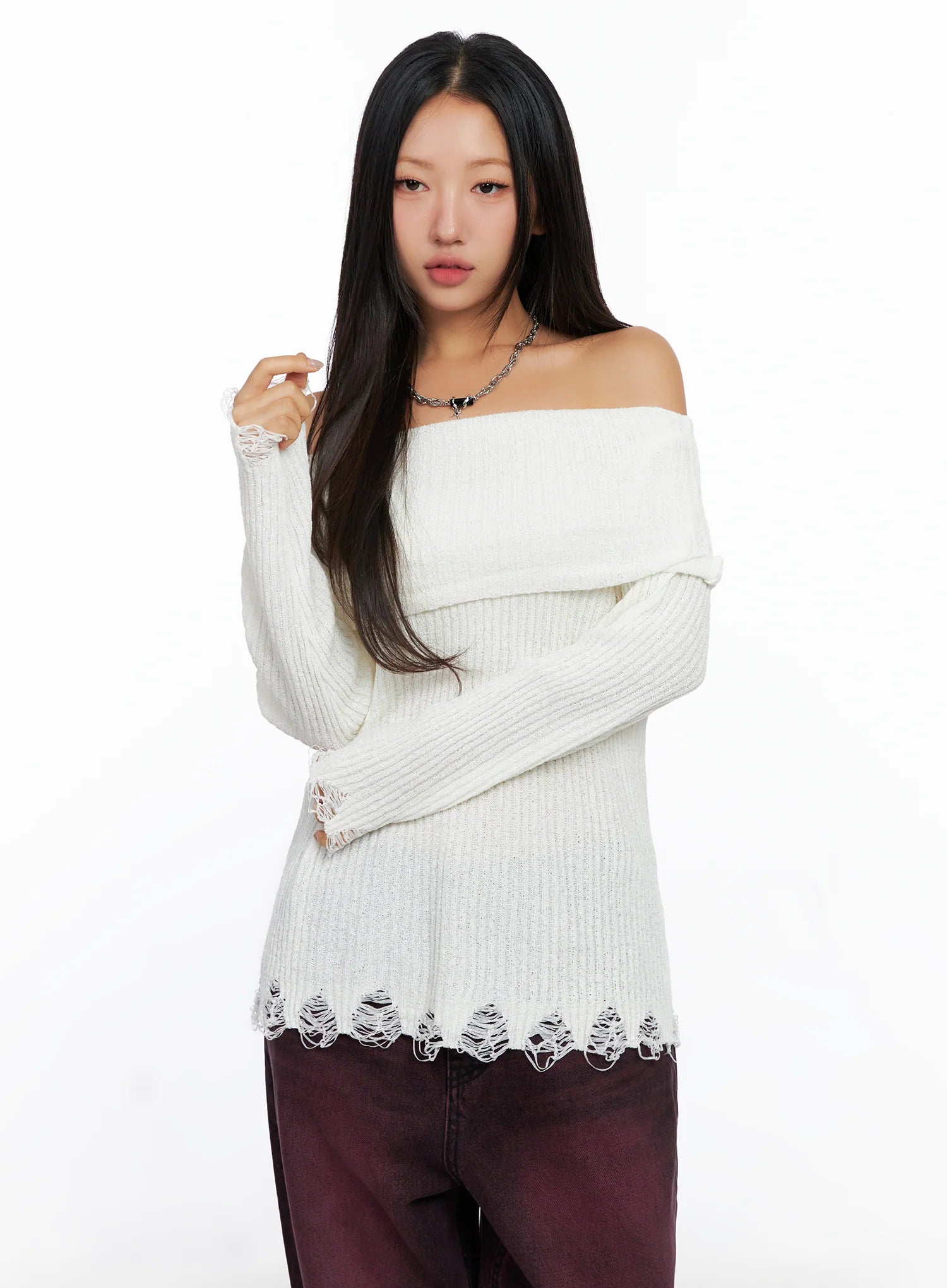 Off-Shoulder Distressed Knit Top CO514