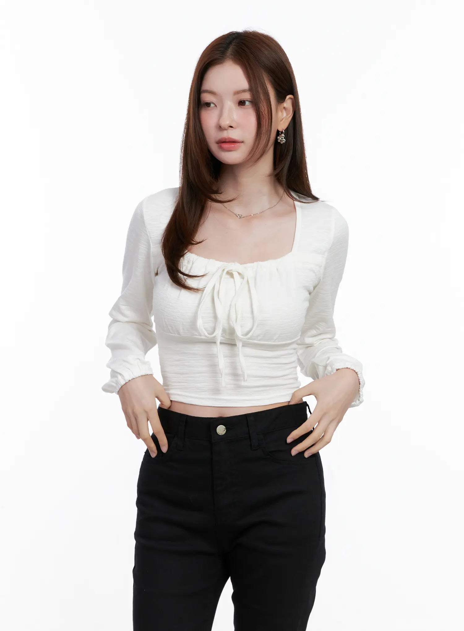 Long Sleeve Shirred Ribbon Crop Top CG521