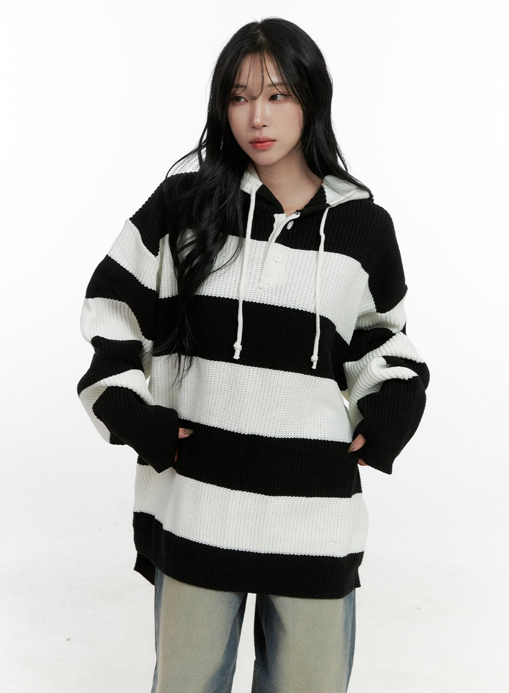 Buttoned Stripe Hoodie Sweater CN408