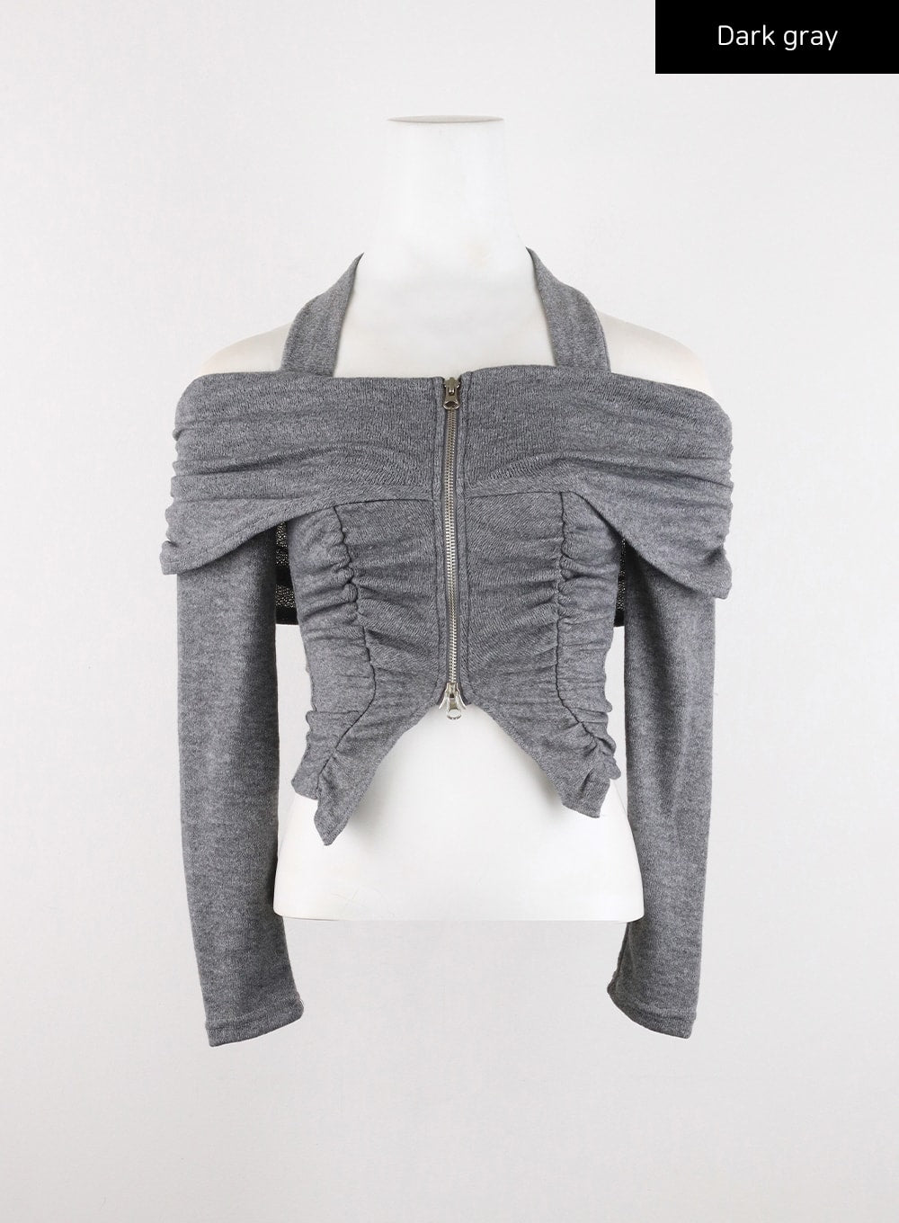 Shirred Off-Shoulder Zip-Up Crop Top CD307