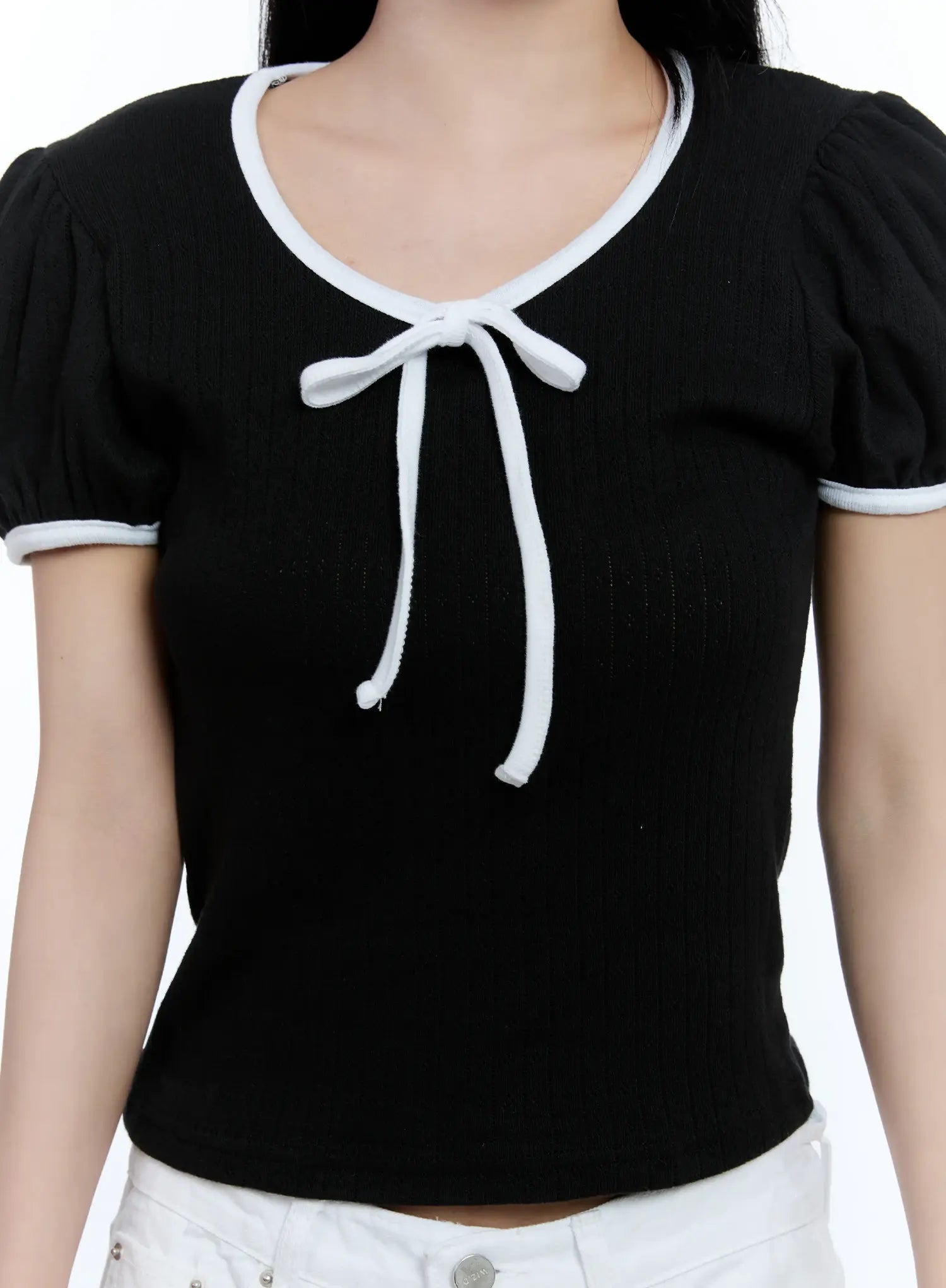 Puff-Sleeve Ribbon-Tie Top CL530