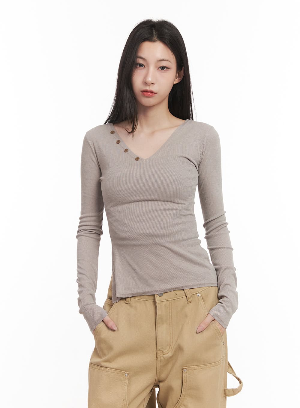 Buttoned V-Neck Long-Sleeve Top CM518