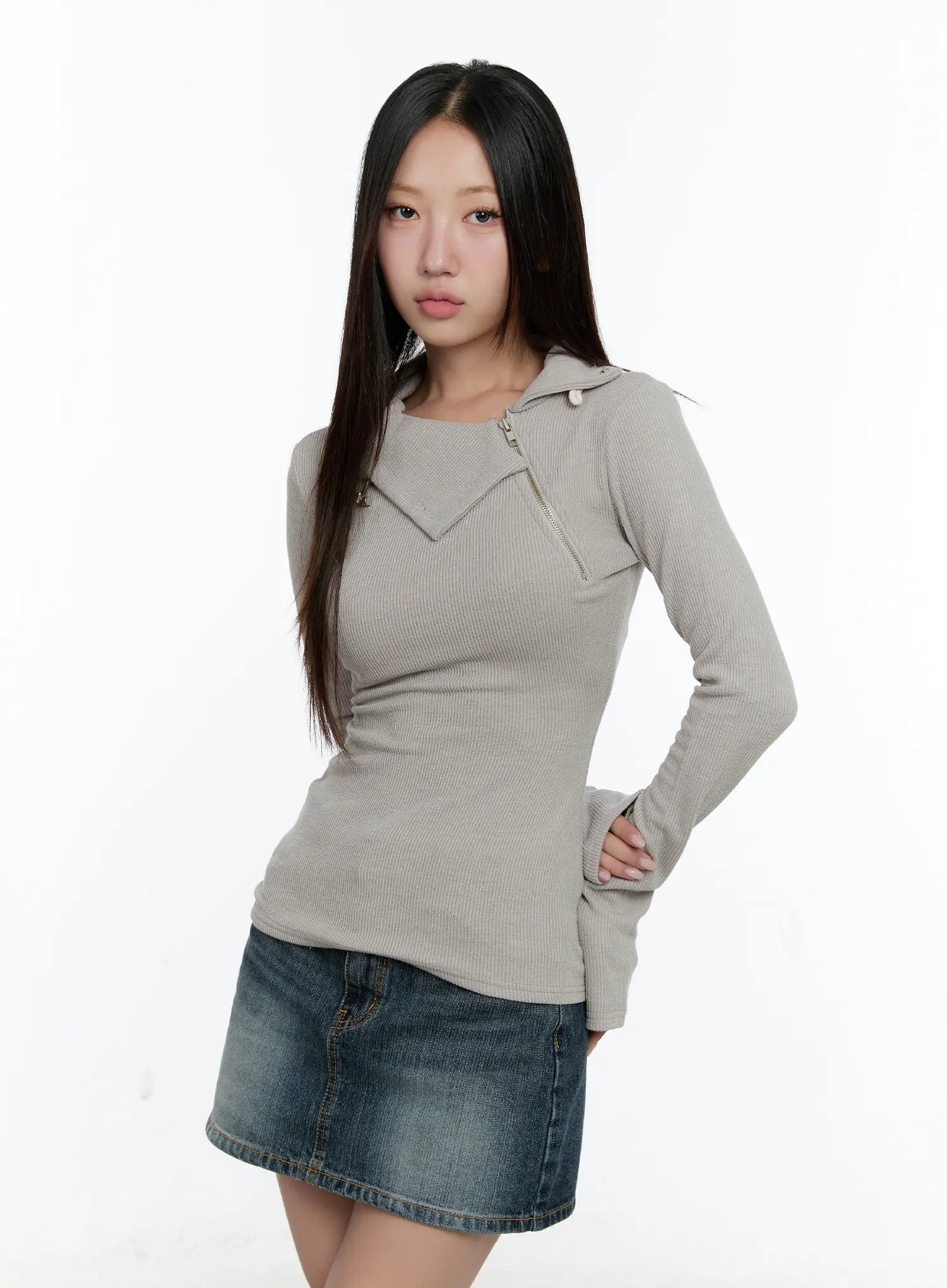 Zipper Detail Rib Knit Long Sleeve CS517