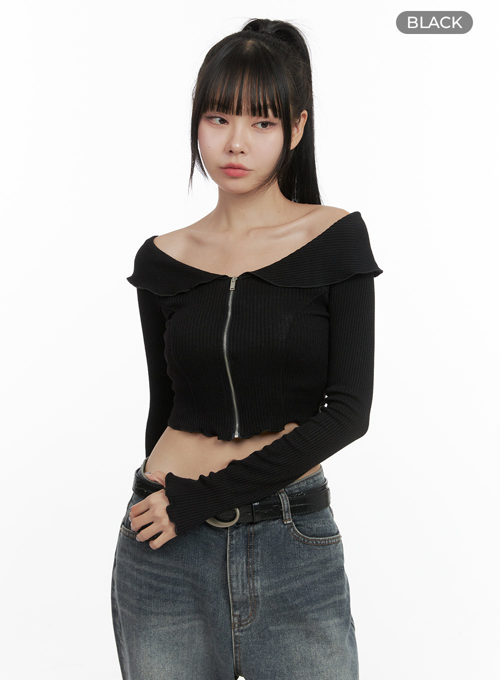 Zipper Off-Shoulder Ribbed Top OO401