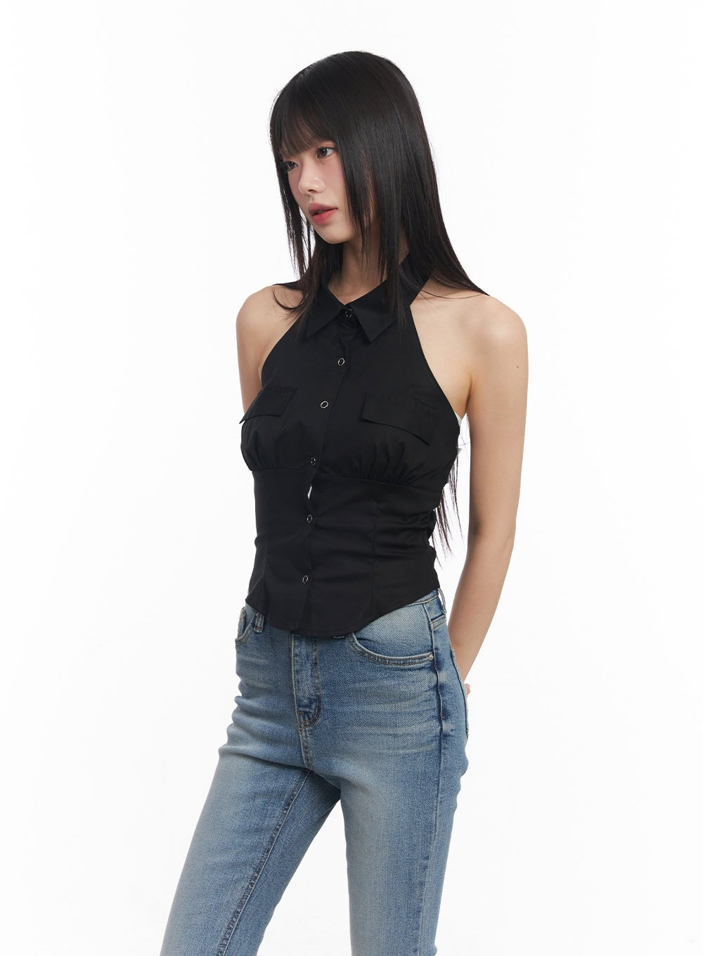 Collared Halter Buttoned Top CY512