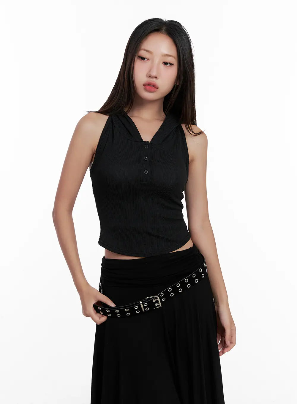 Ribbed Button Hoodie Crop Tank CL518
