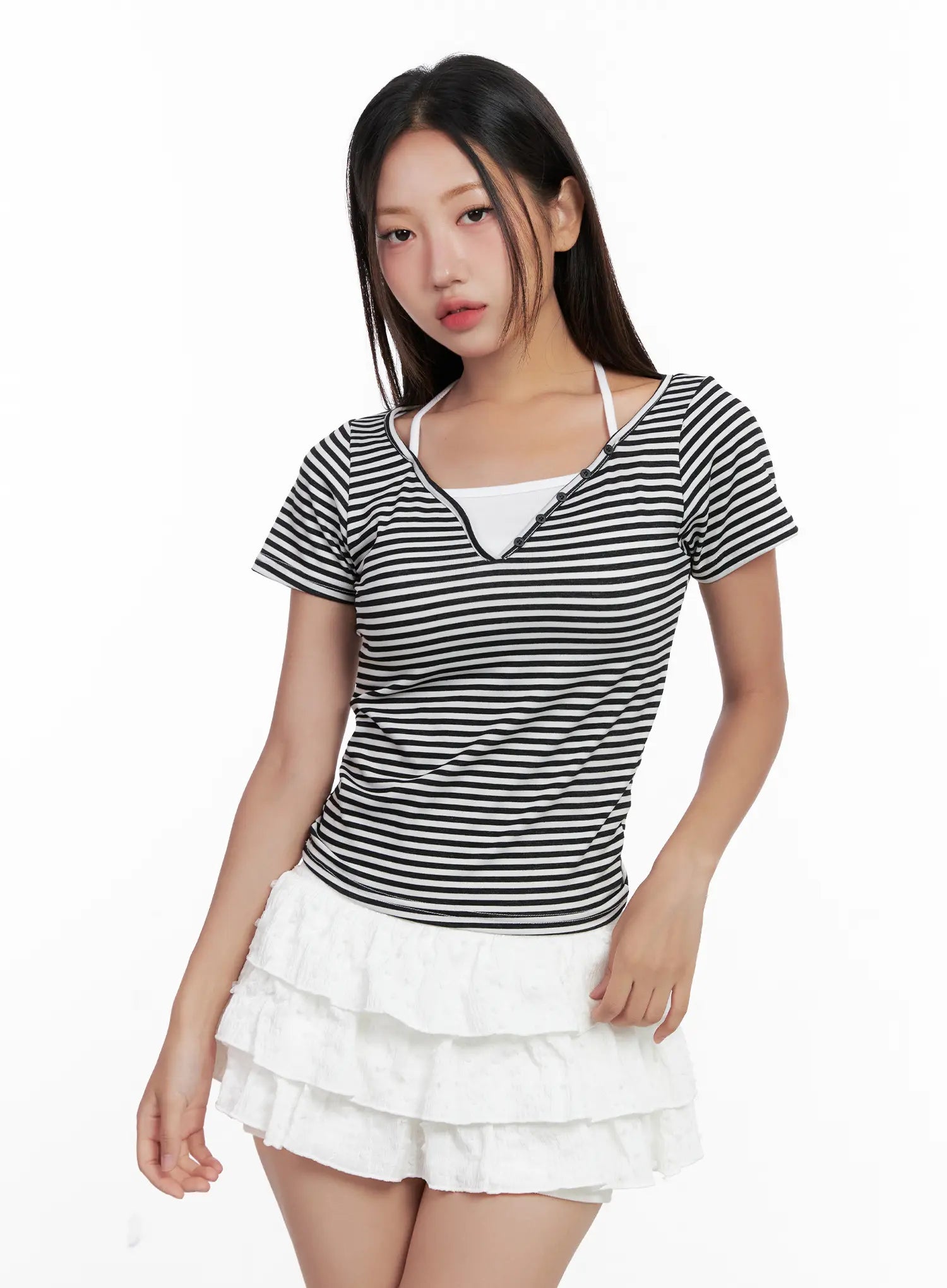 Contrast Stripe Layered Halter Tee CL518