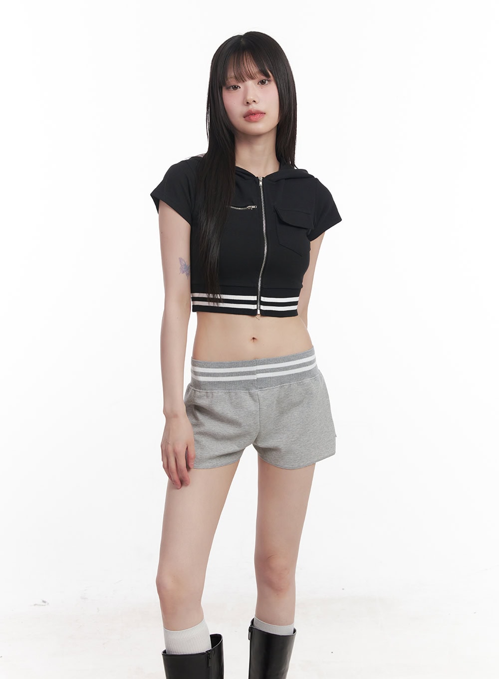 Striped Zip-Up Hooded Crop Top CU506
