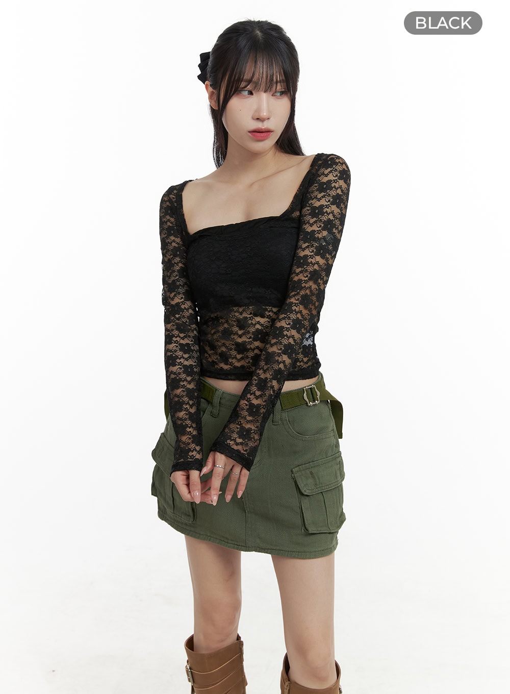 Lace Sheer U-Neck Long Sleeve Top OA425