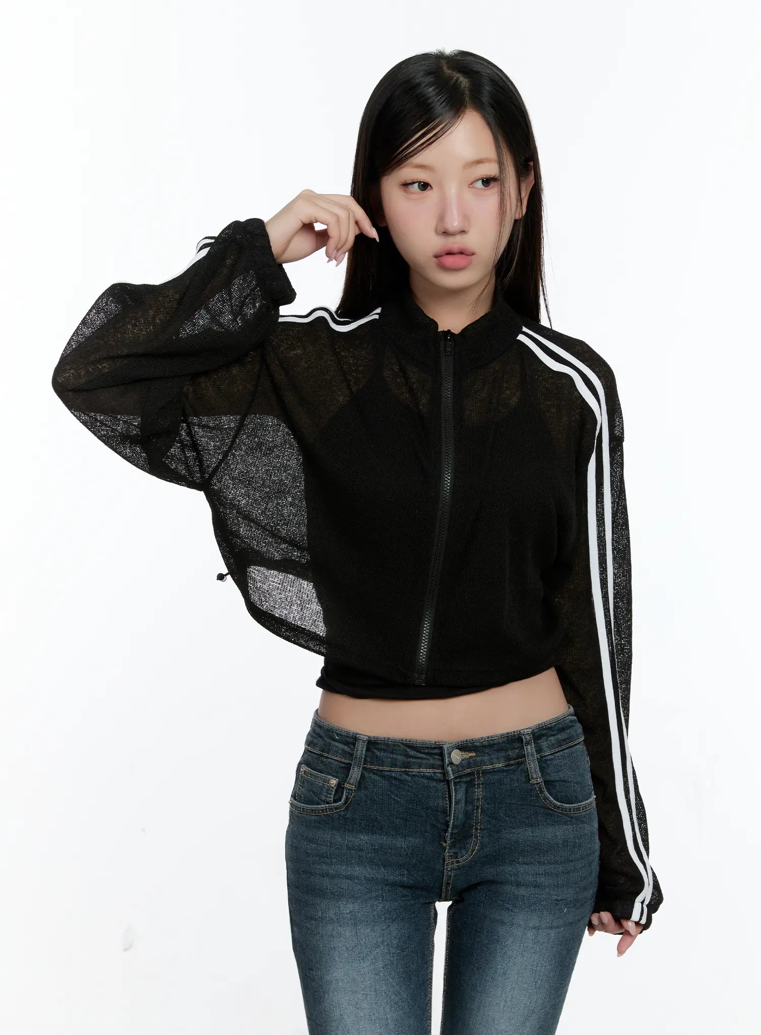 Sheer Linen Zip-Up Crop Jacket CS518