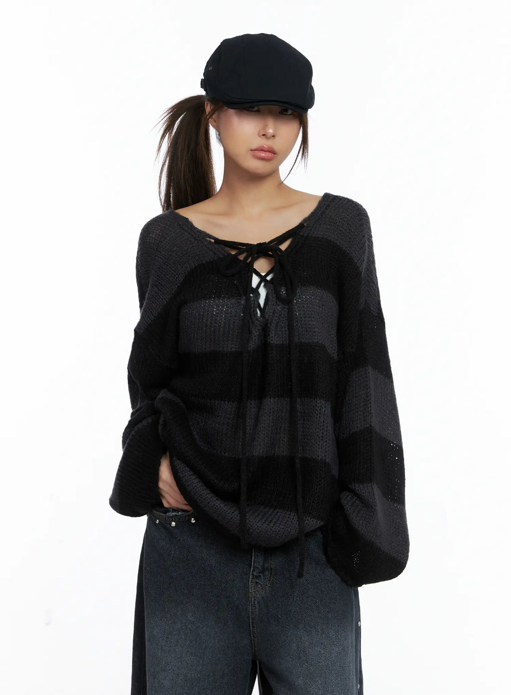 Striped Lace-Up Long-Sleeve Knit Top CS505