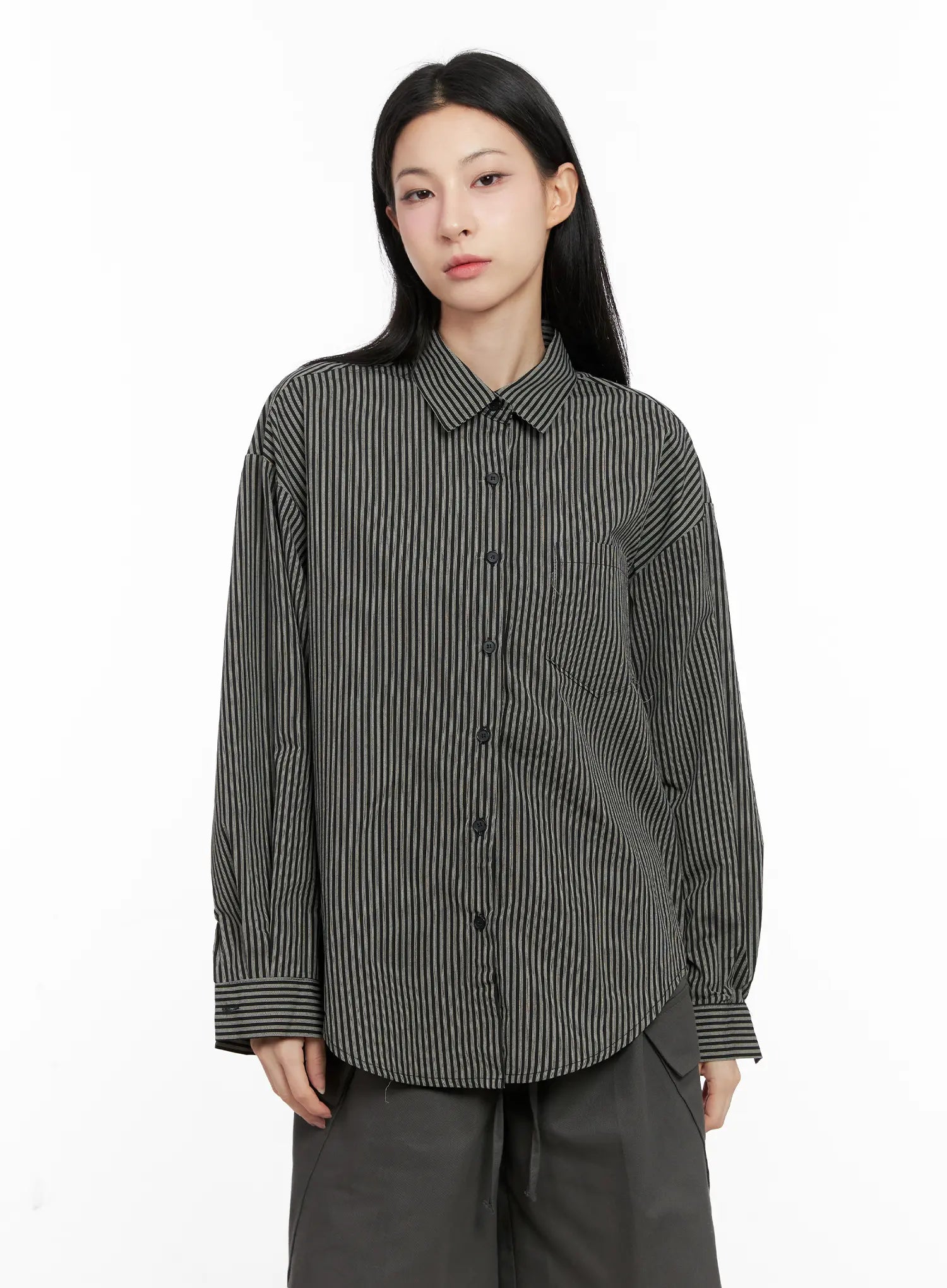 Relaxed Fit Striped Button-Up Long Sleeve Shirt CG526