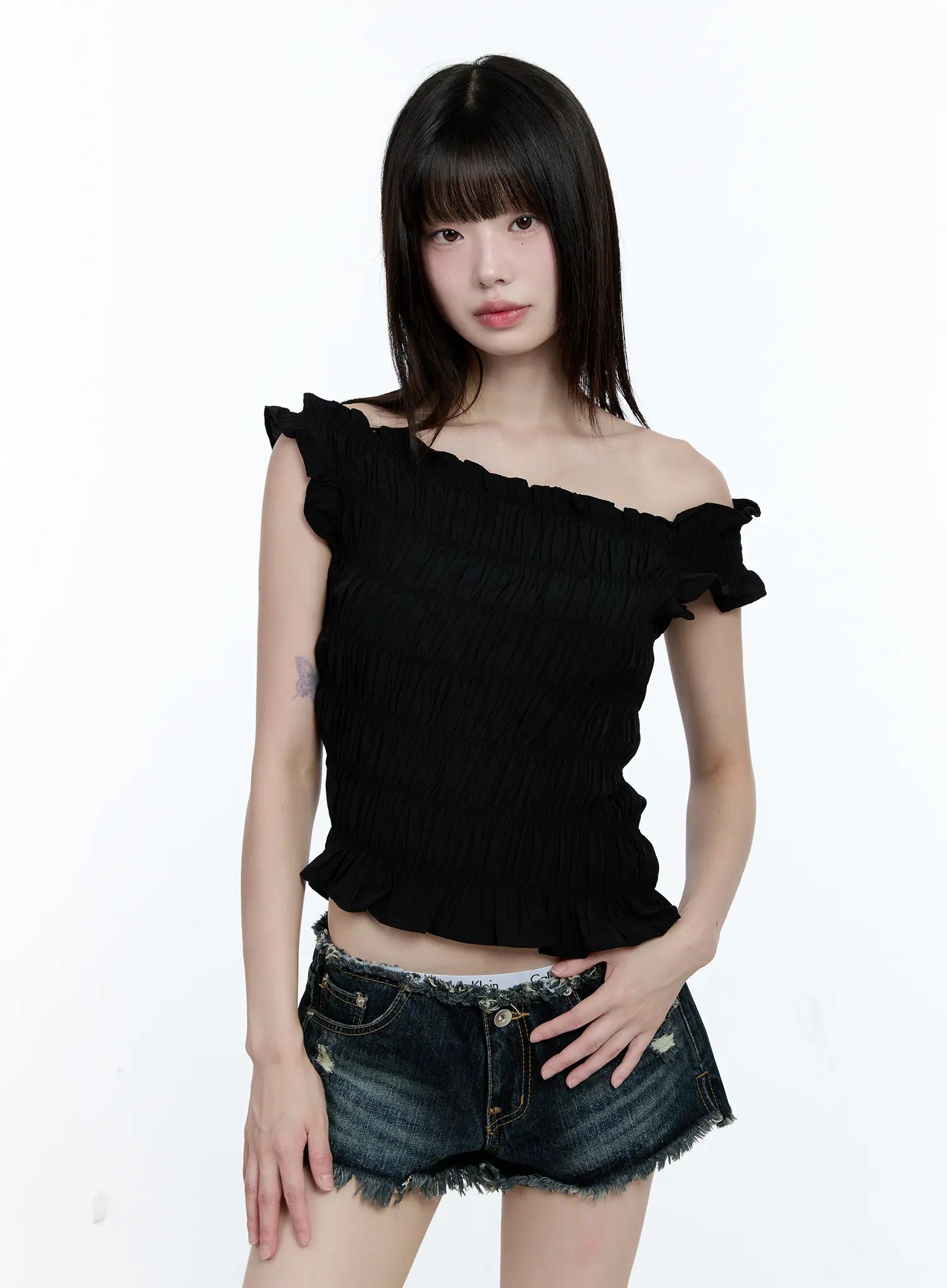 Asymmetric Shirred Off-Shoulder Top CG507