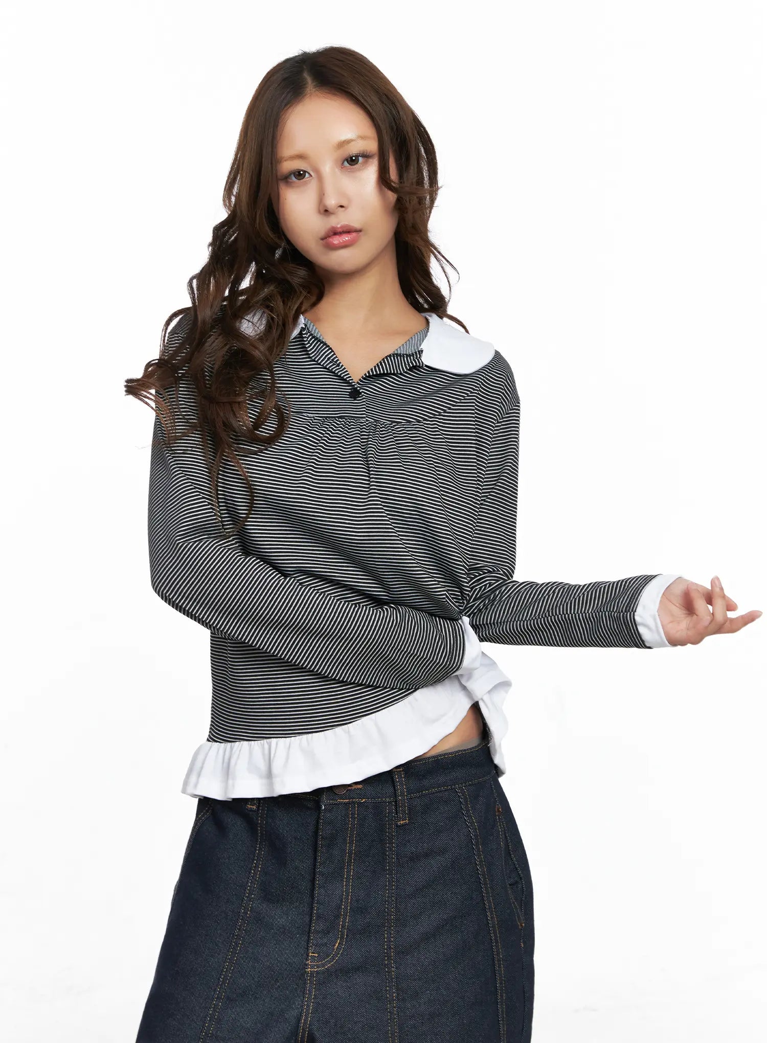 Striped Collared Button Long Sleeve Top CO510