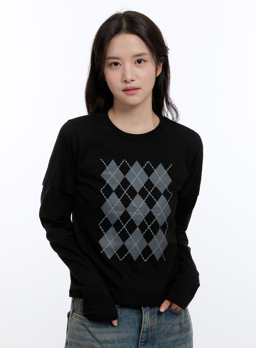 Argyle Print Long Sleeve Top ON418