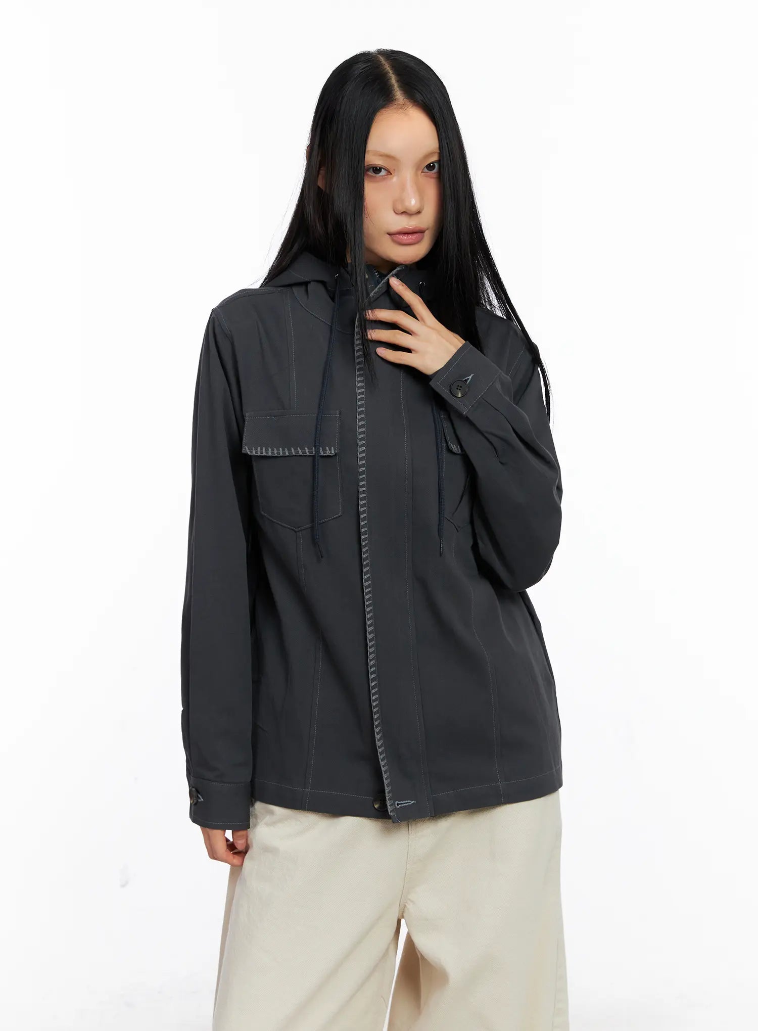 Two-Tone Embroidered Cotton Hoodie Jacket CS511