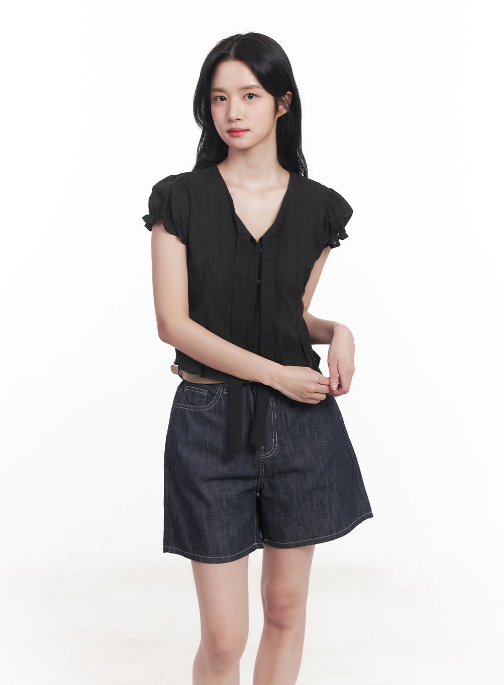 Tie Puff-Sleeve Crop Blouse Top CY526