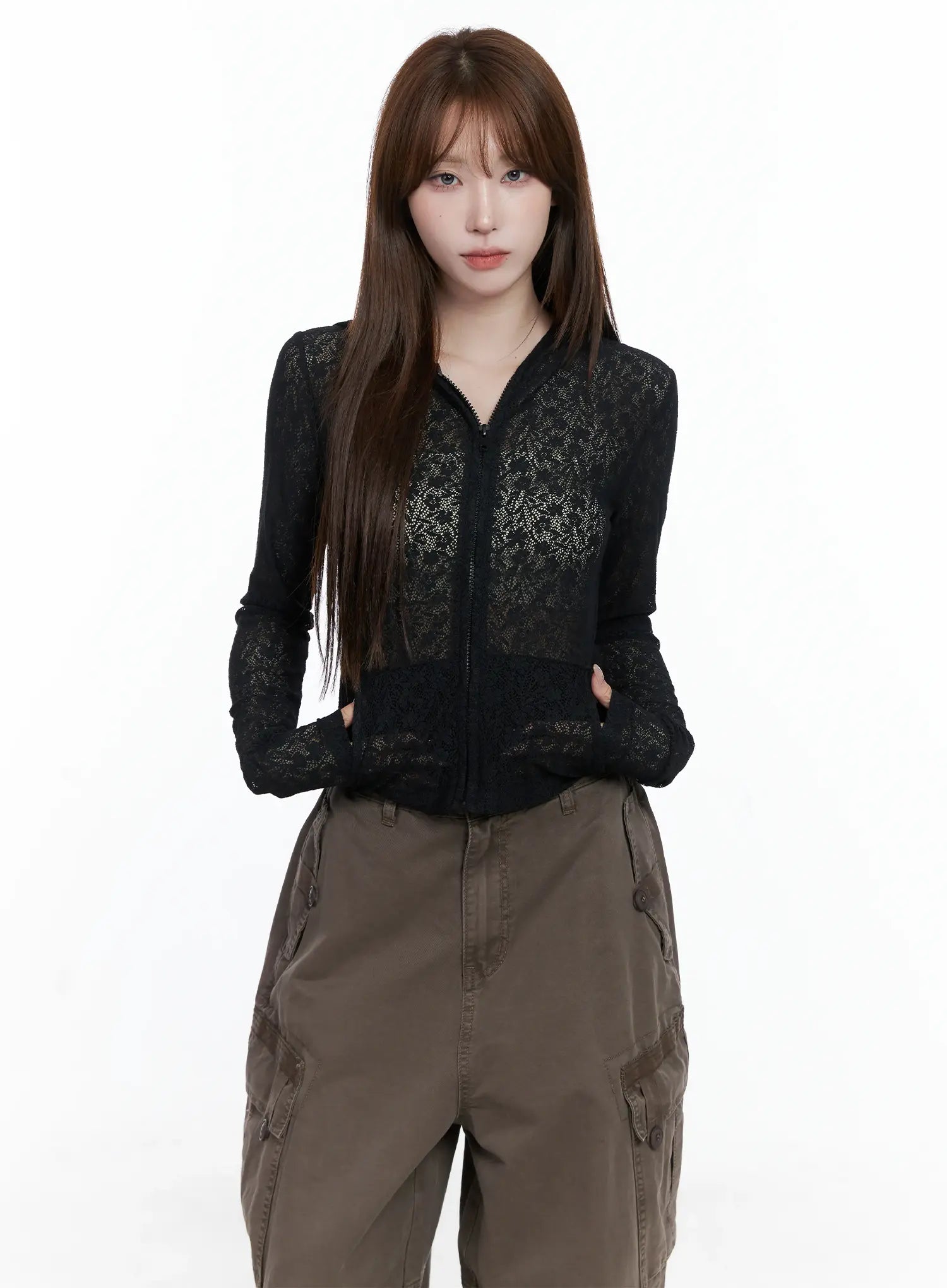 Lace Sheer Zip-Up Hoodie CS501