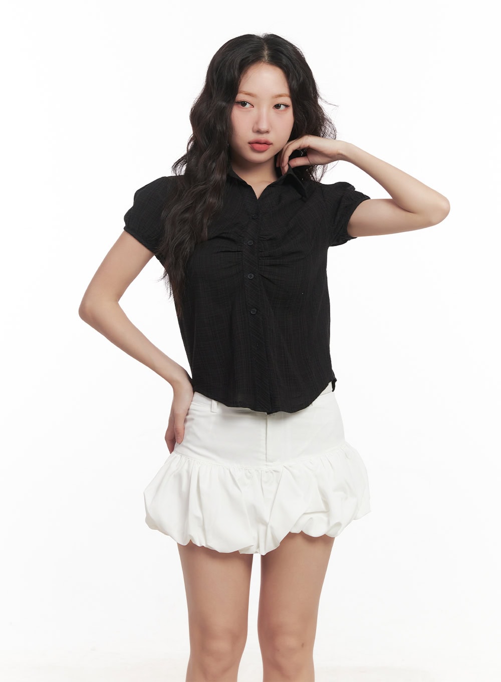 Shirred Checkered Crop Collared Shirt CA521
