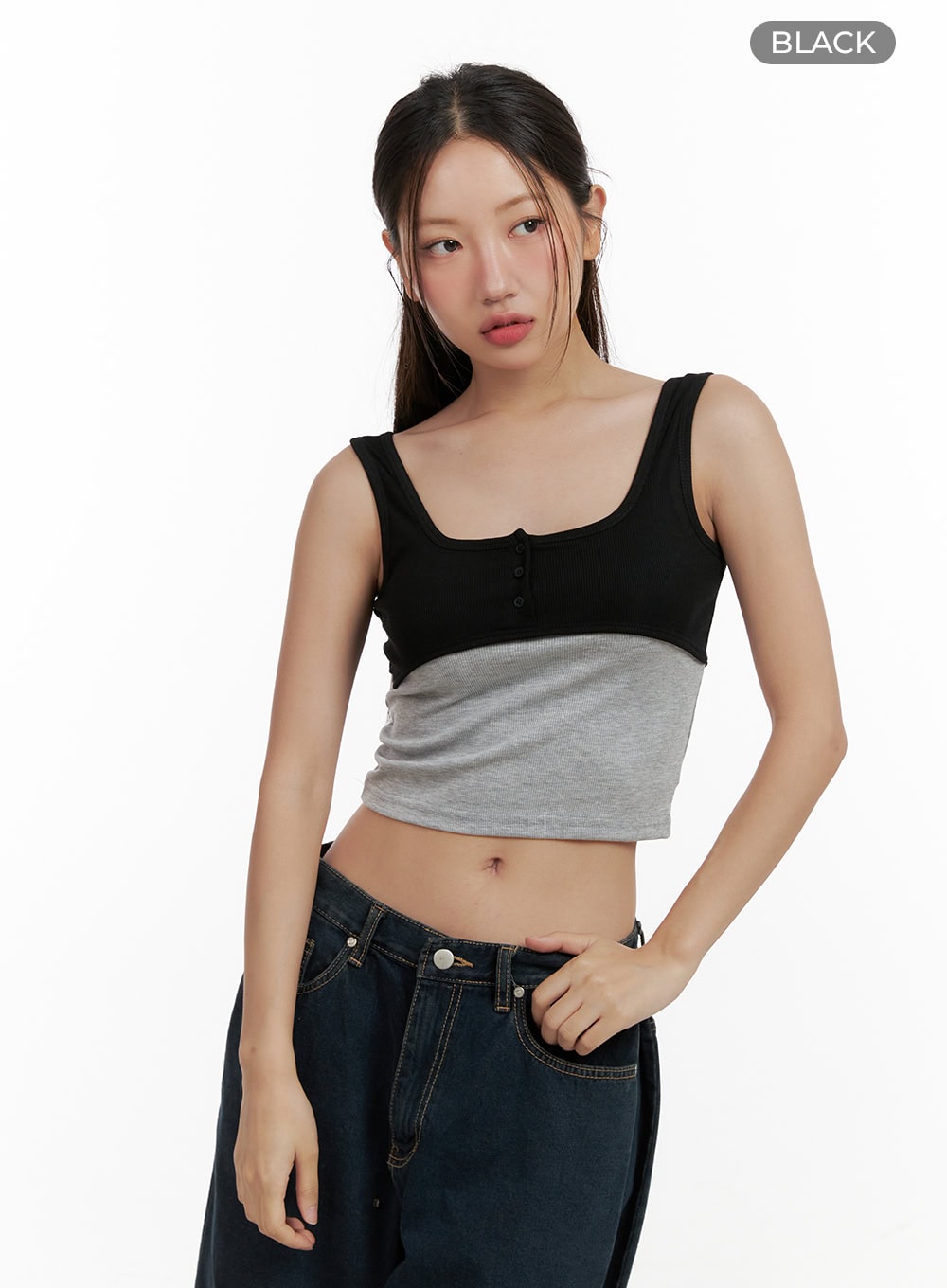 Square Neck Buttoned Crop Tank Top CL431