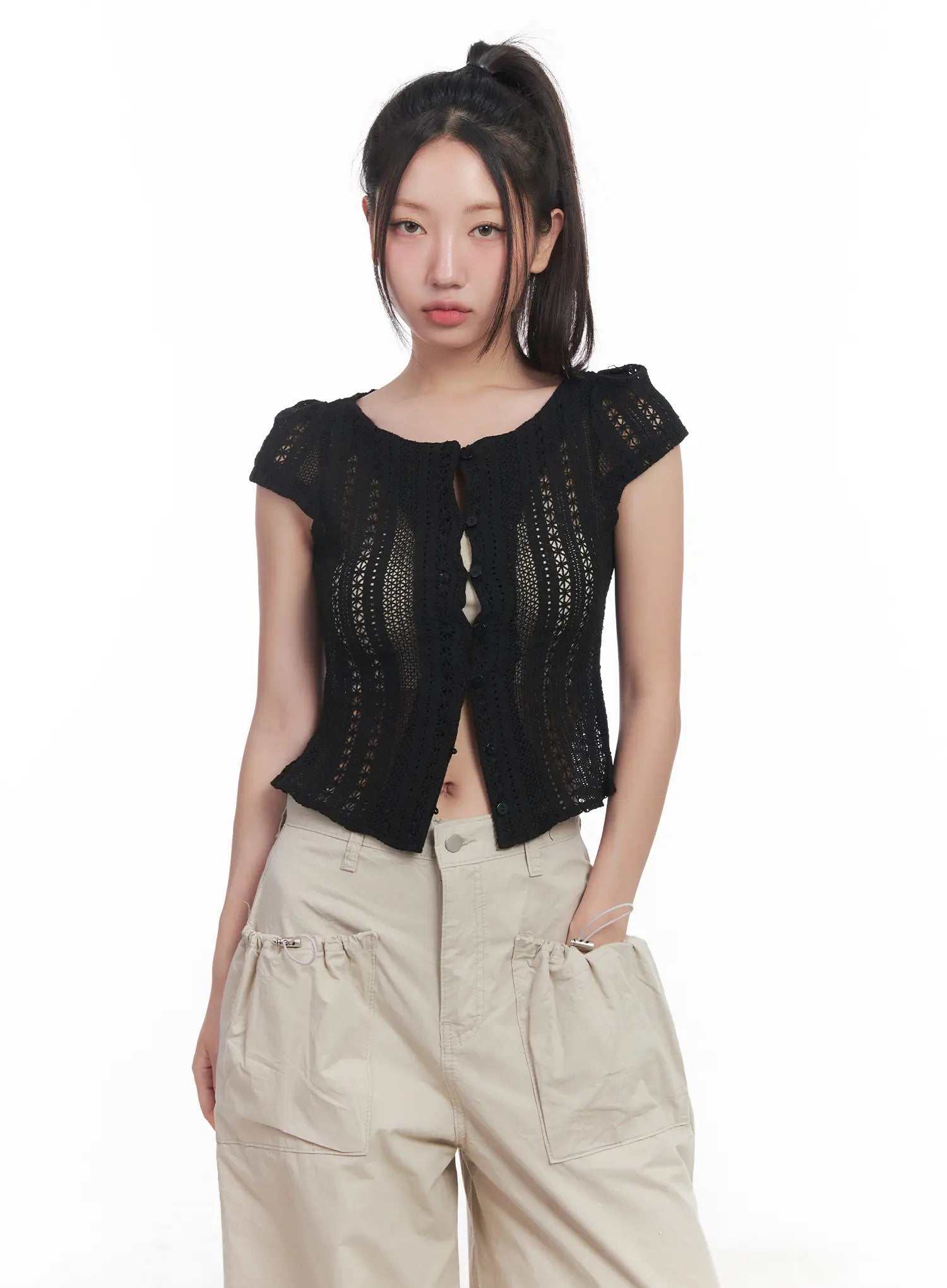Sheer Buttoned Cropped Shirt CU516