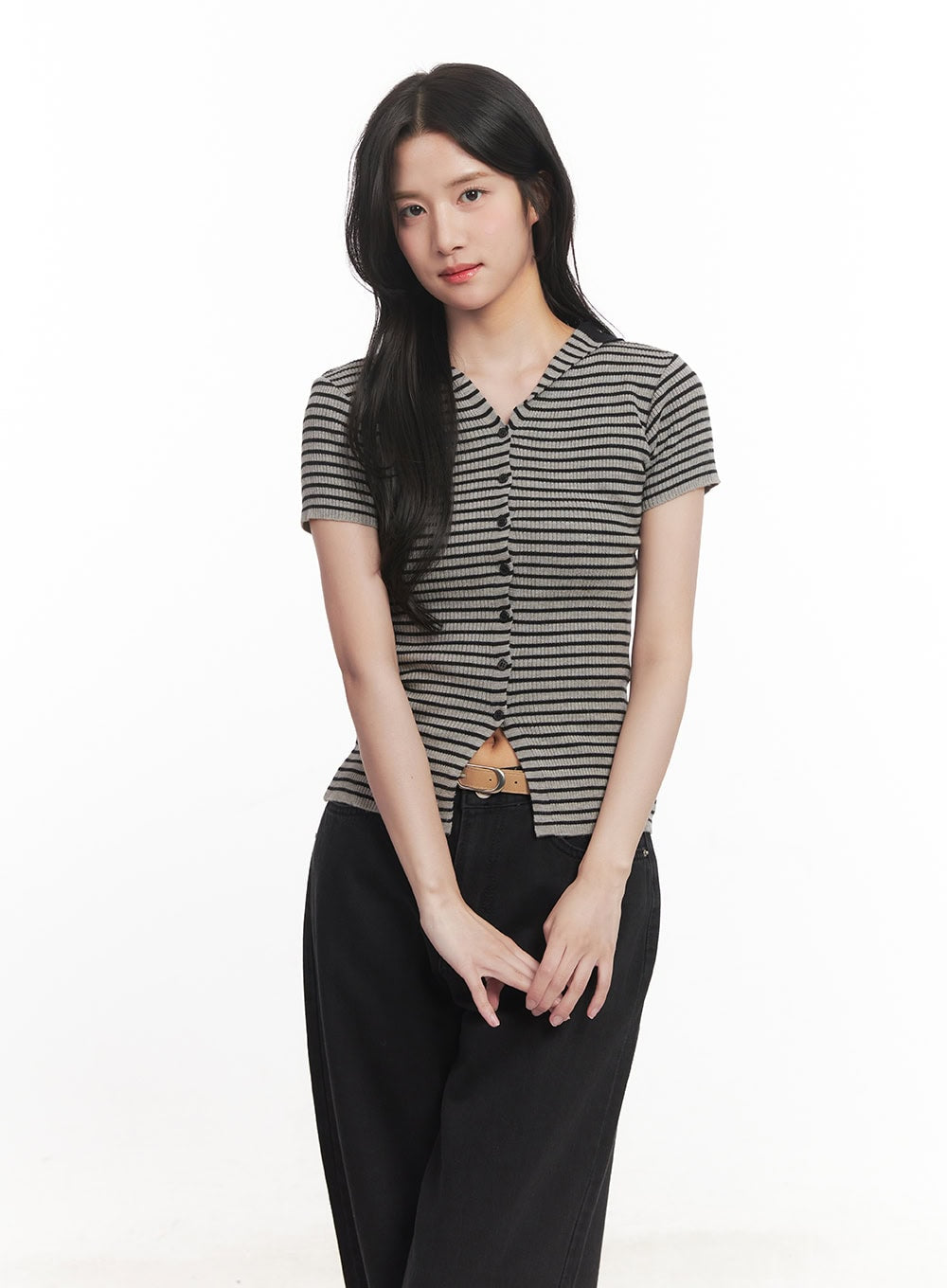 Stripe Buttoned Hooded Top CA511