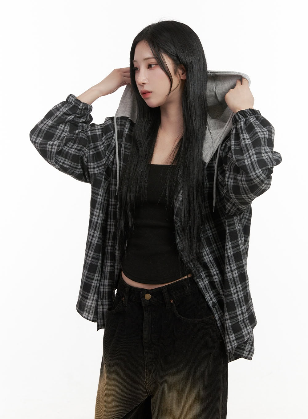 Buttoned Check Hooded Blouse CD410