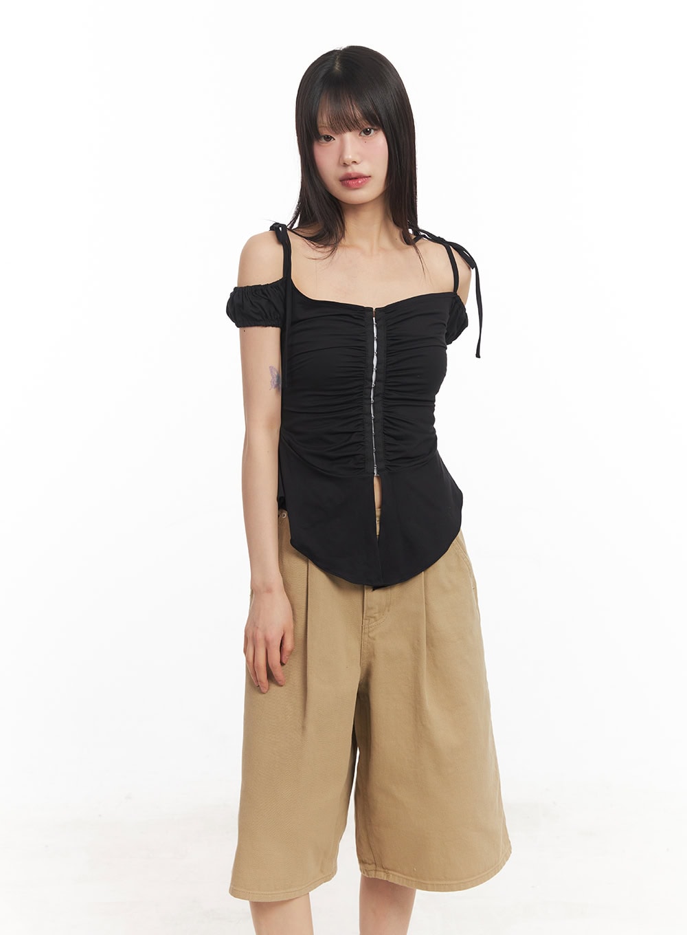 Shirred Off-Shoulder Puff-Sleeve Top CA523