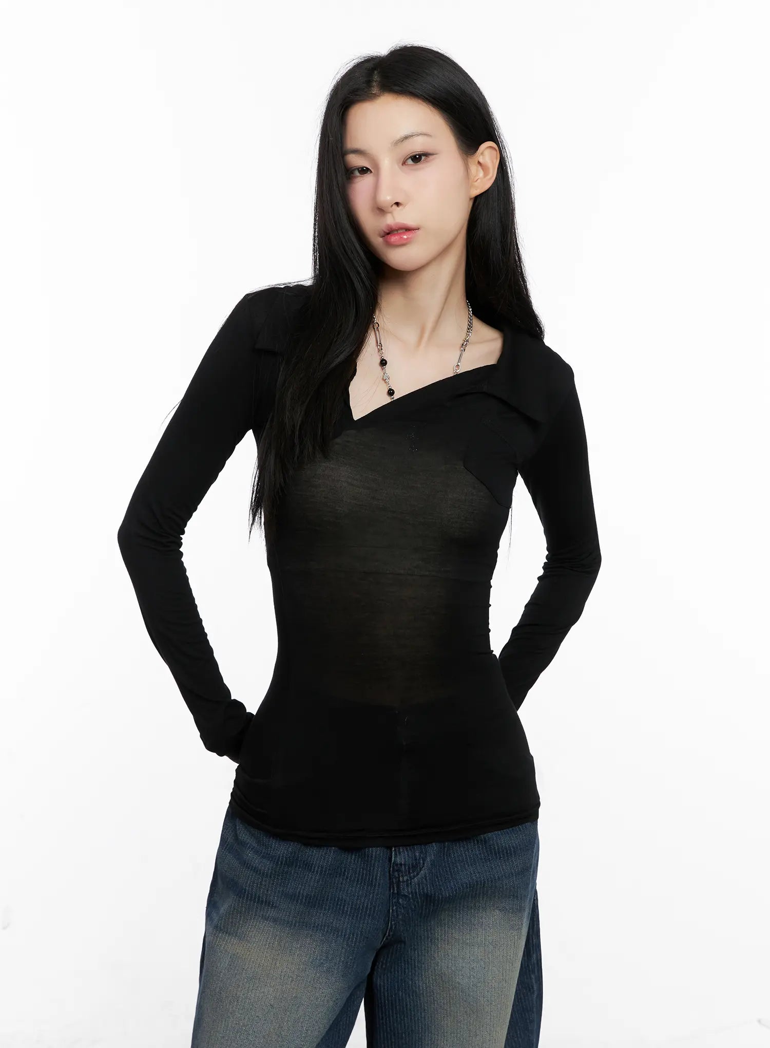 Asymmetrical Collar Slim Fit Long Sleeve Top CG526