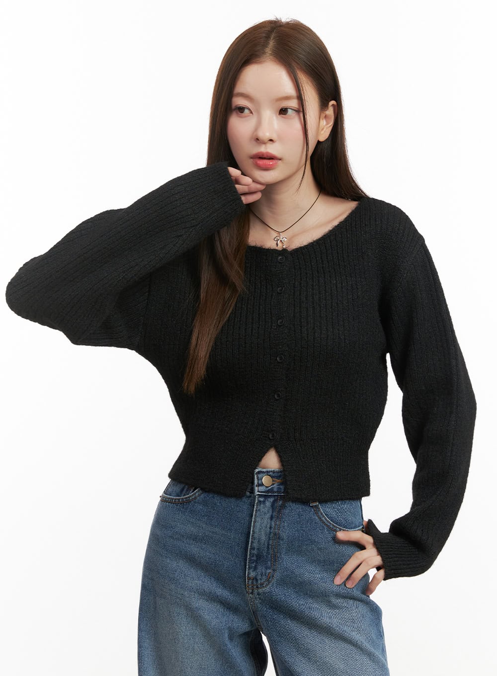 Wool Blend Button-Up Crop Sweater OD417