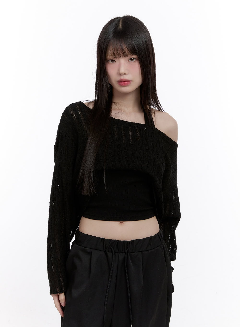 Sheer One-Shoulder Crop Sweater CF511