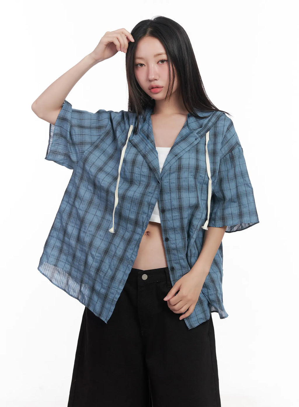 Plaid Hooded Oversized Shirt CU517