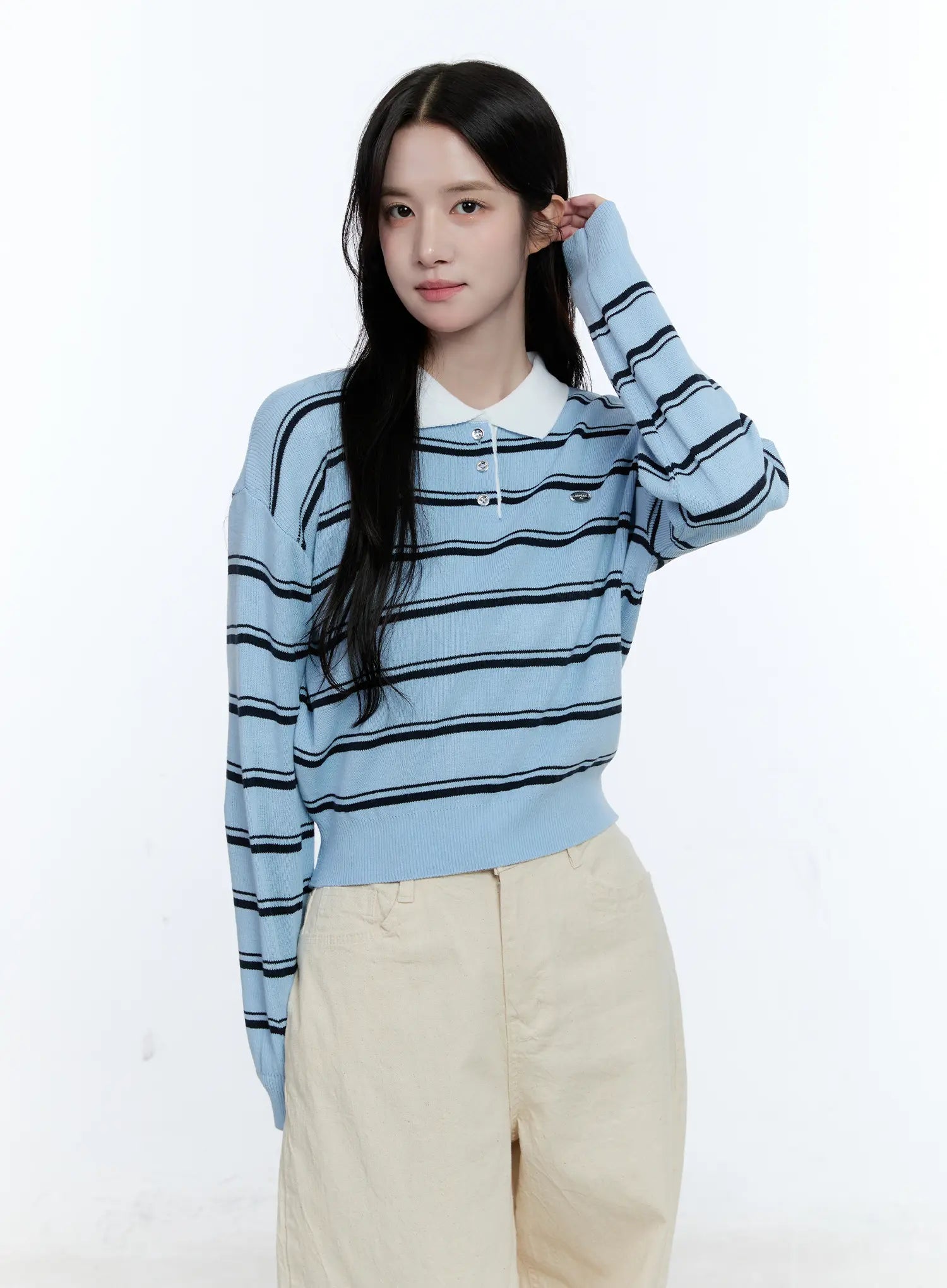 Striped Collared Long Sleeve Top CG513