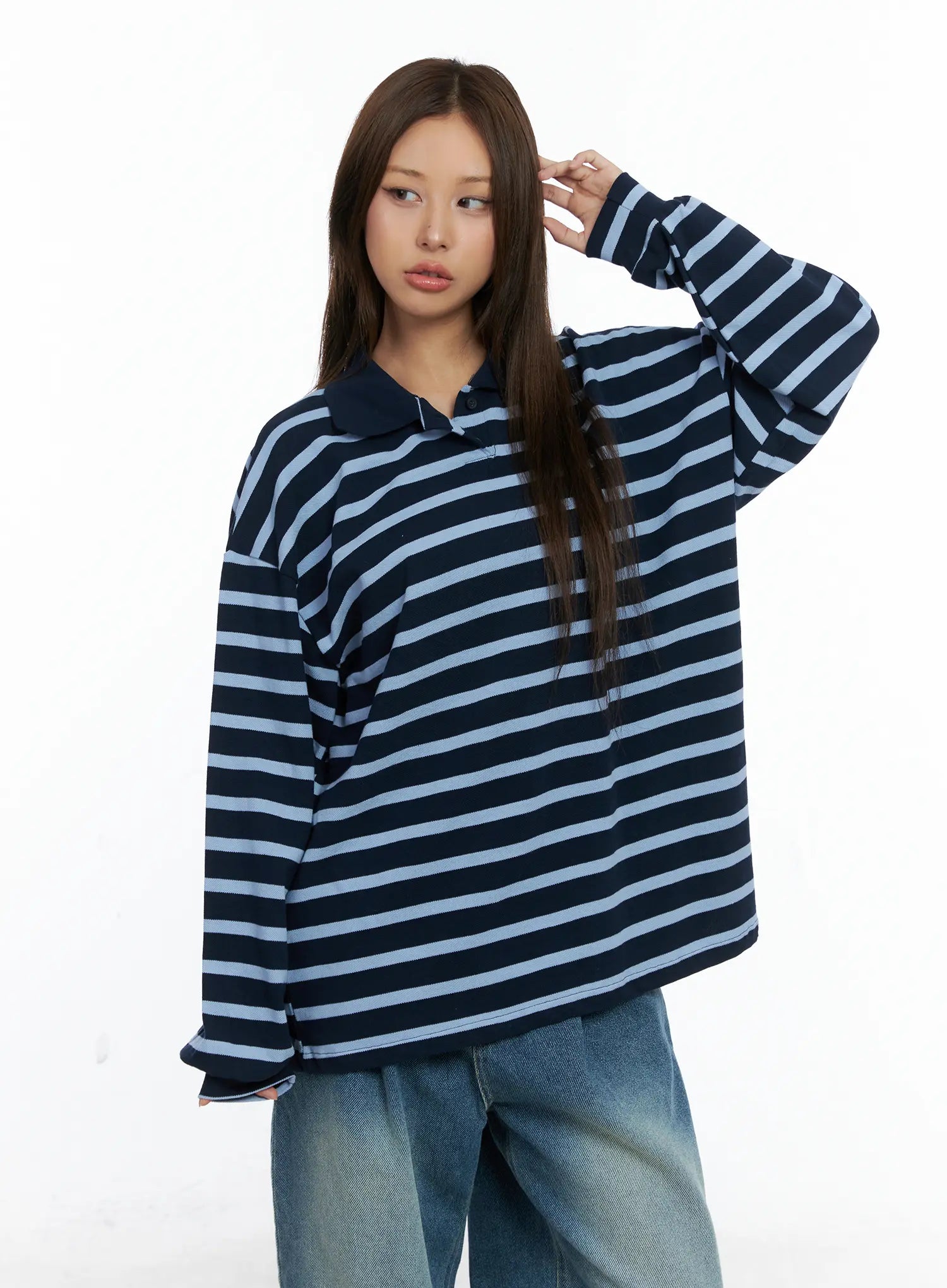 Oversized Striped Collar Long-Sleeve Tee CS504