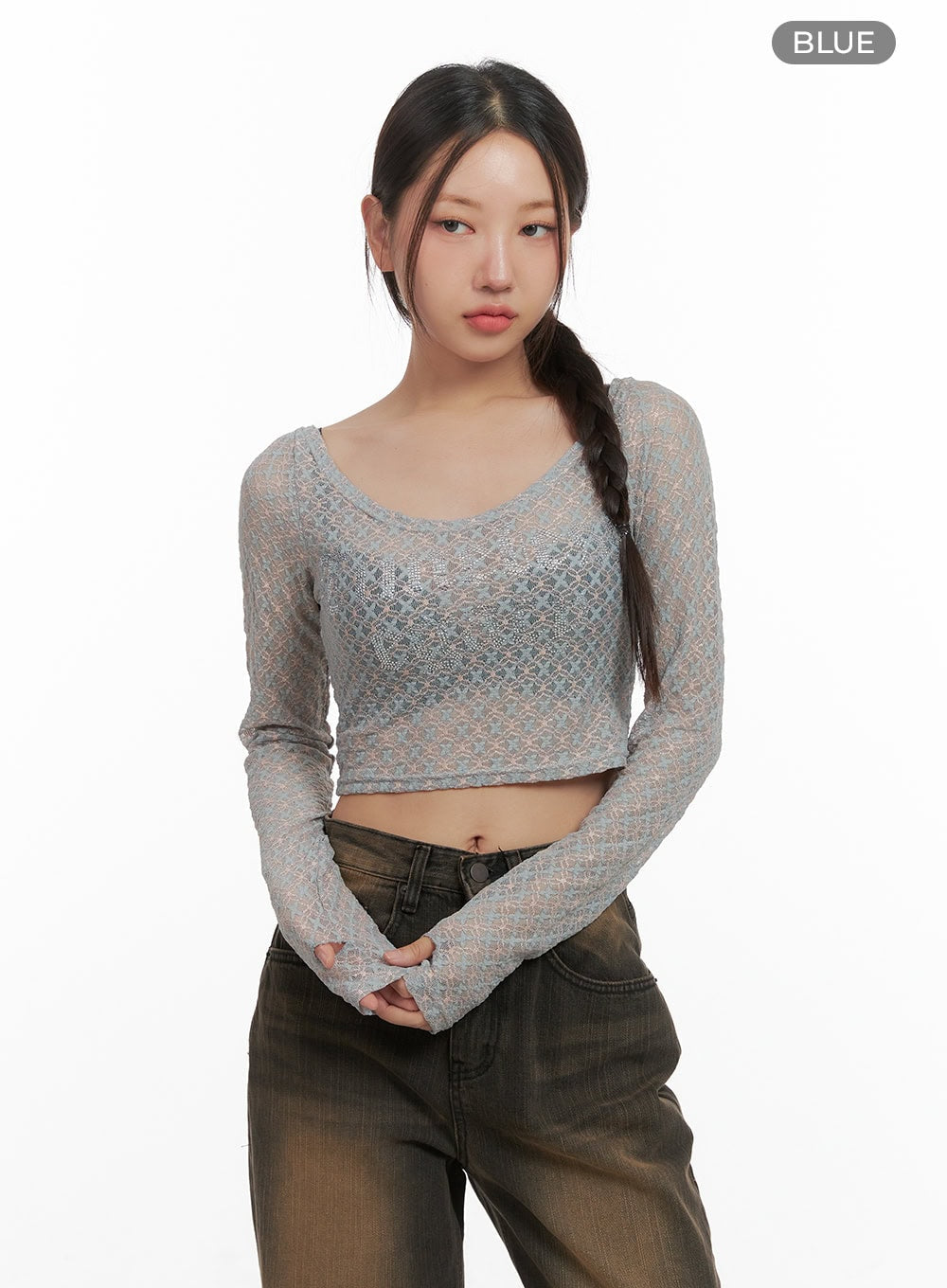 Lettering Mesh Crop Long Sleeve Tee CO404