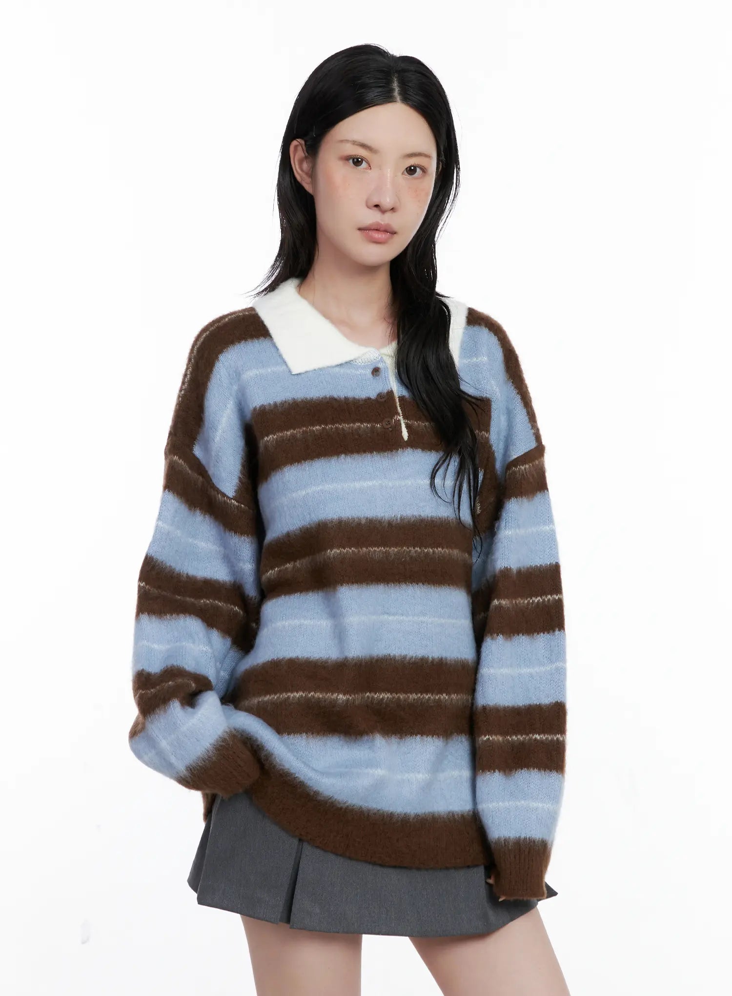 Striped Fuzzy Collared Knit Sweater CS529