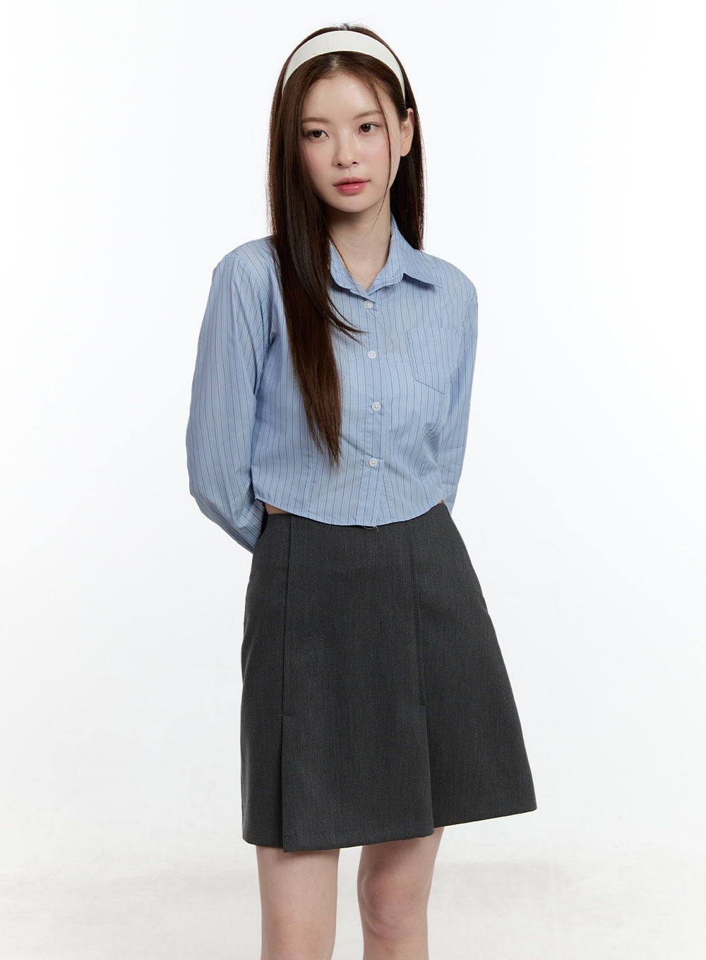 Striped Cropped Button-Up Shirt CM521