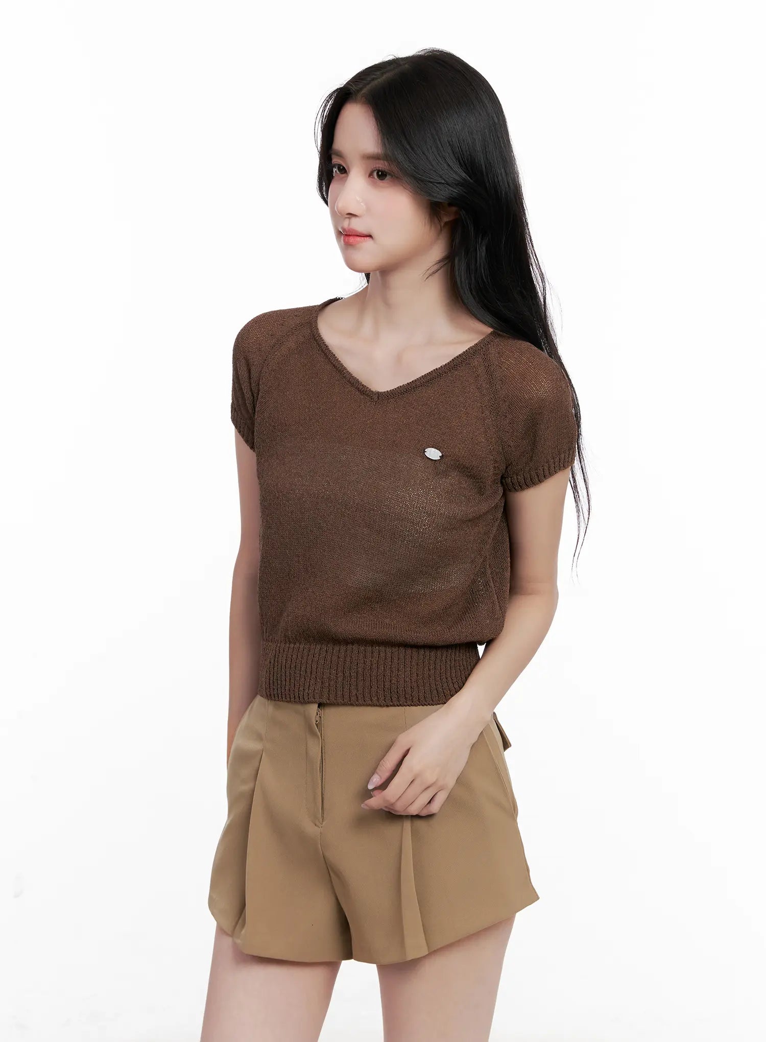 V-Neck Knit Short-Sleeve Top CL515