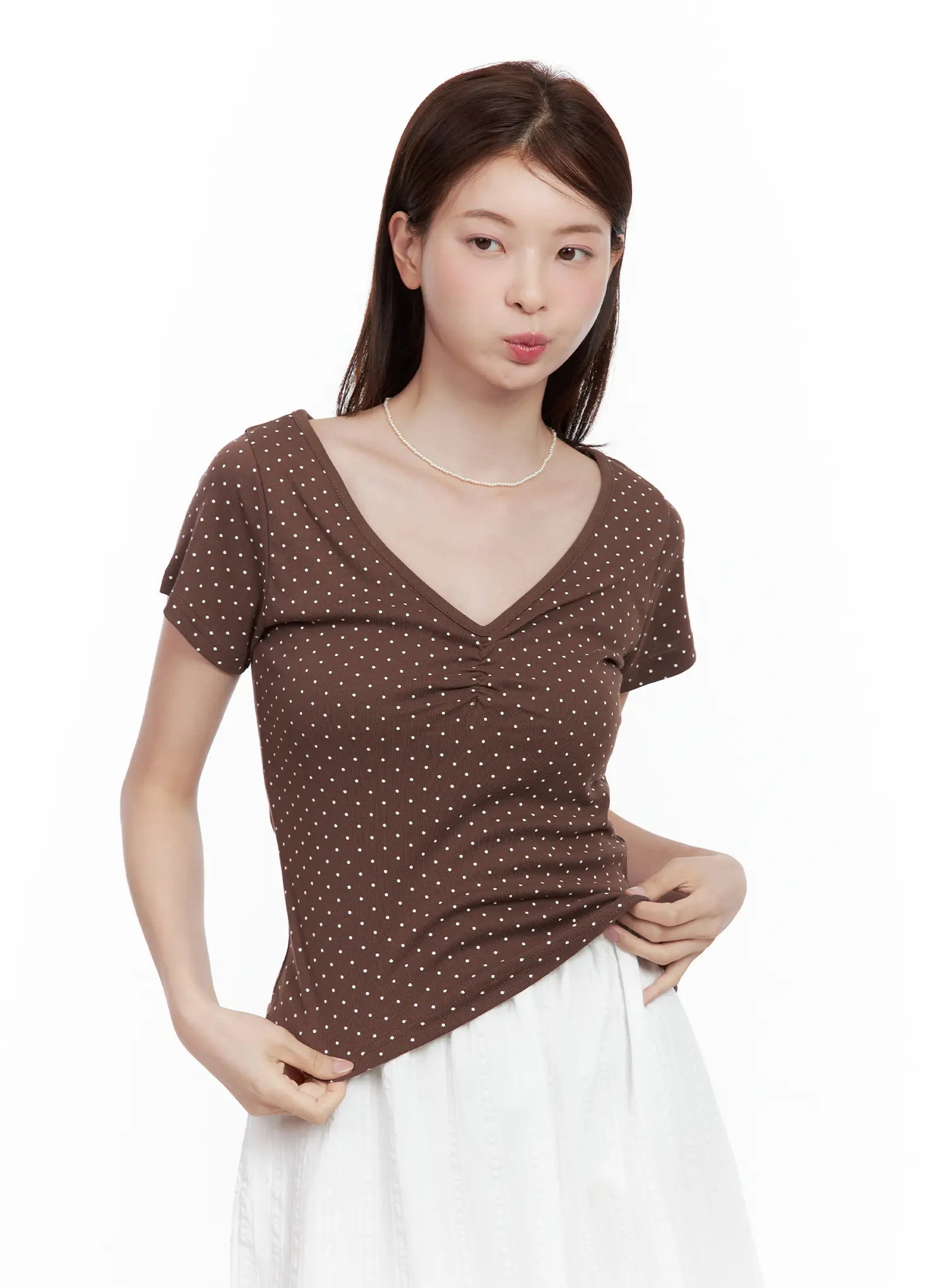 Polka Dot Shirred V-Neck Top CL502