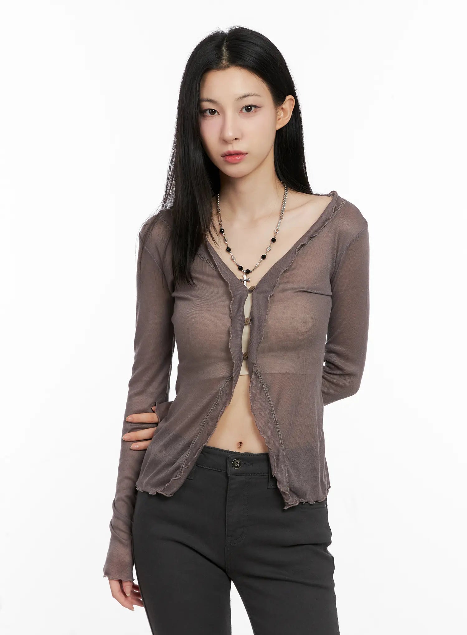 Sheer Ruffle Long Sleeve Cardigan CG522