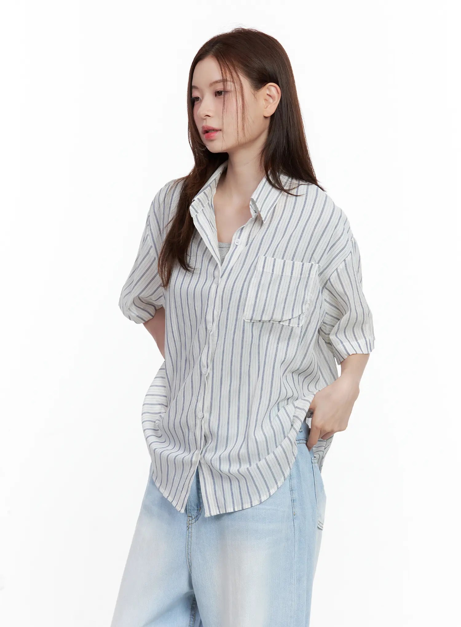 Casual Striped Short-Sleeve Button-Up Shirt CL502