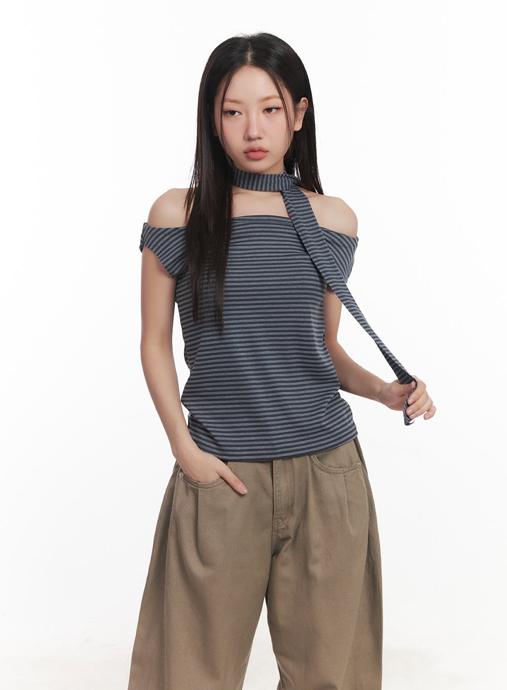 Stripe Off-Shoulder Top with Scarf CA521