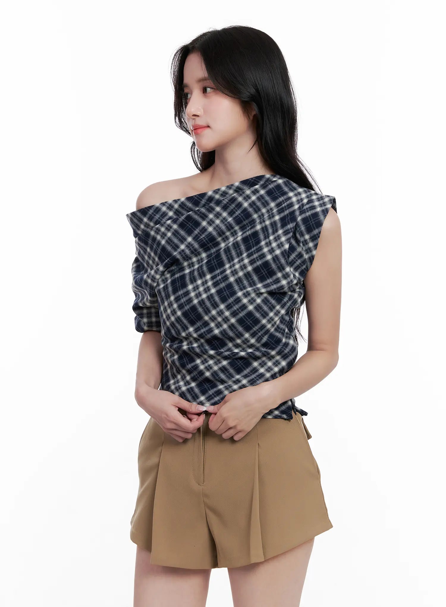 Plaid Asymmetric Ruched Off-Shoulder Top CL516