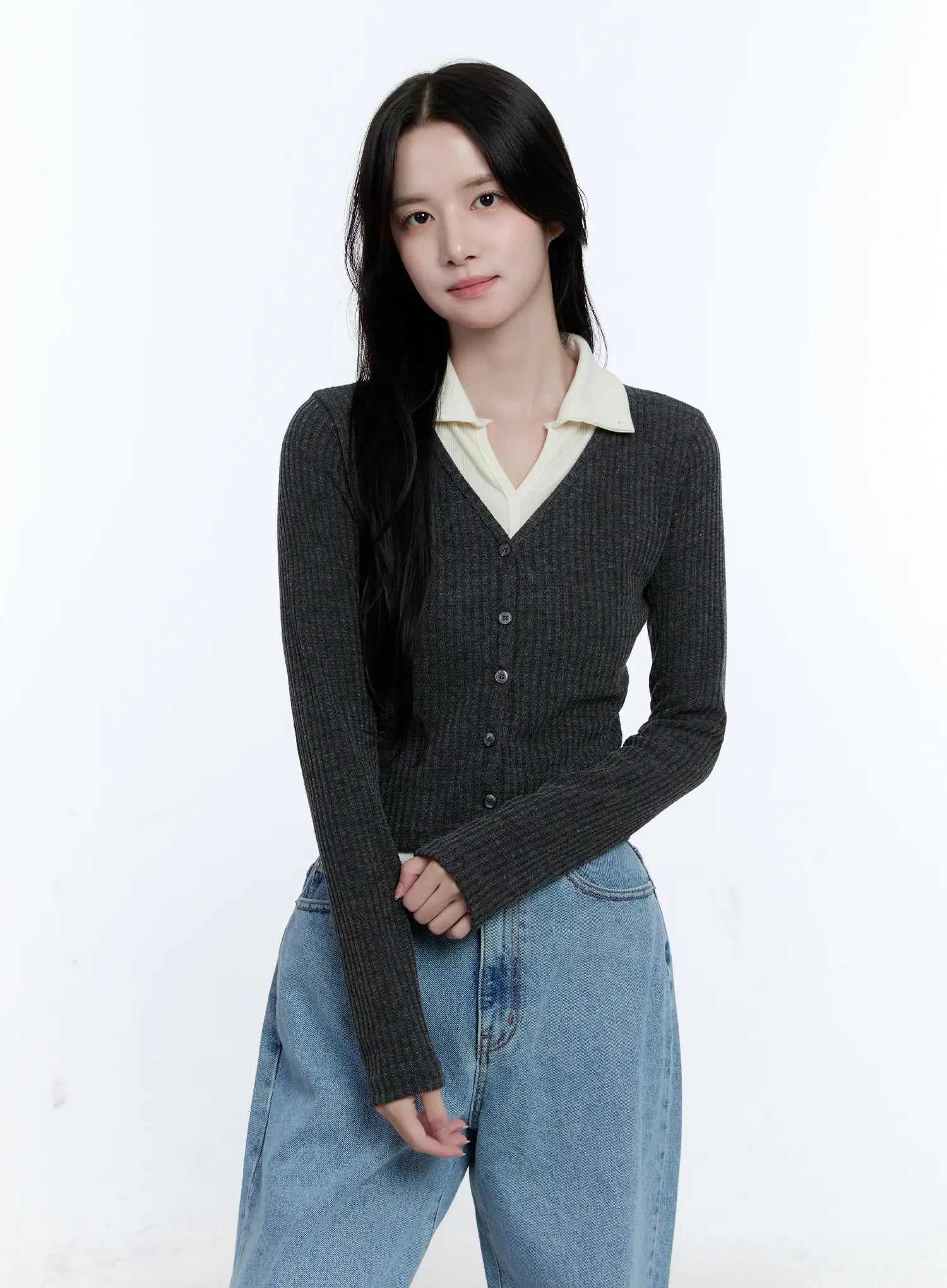 Two-Tone Collared Knit Cardigan CG514