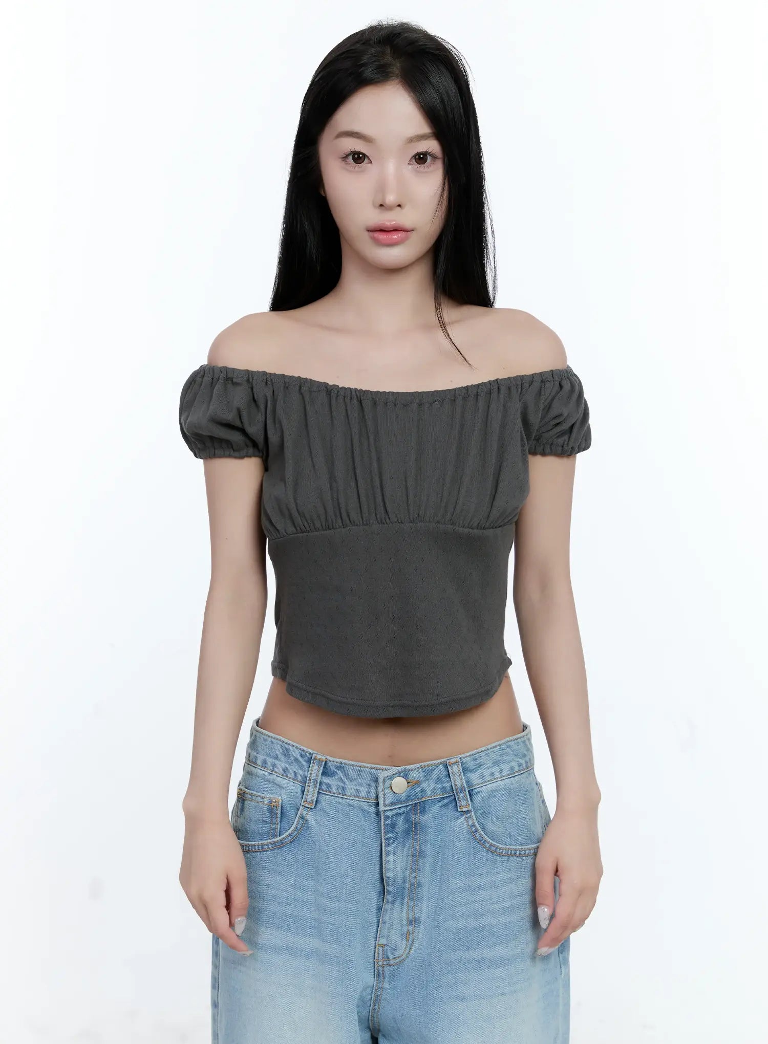 Off-Shoulder Eyelet Puff-Sleeve Top CL530