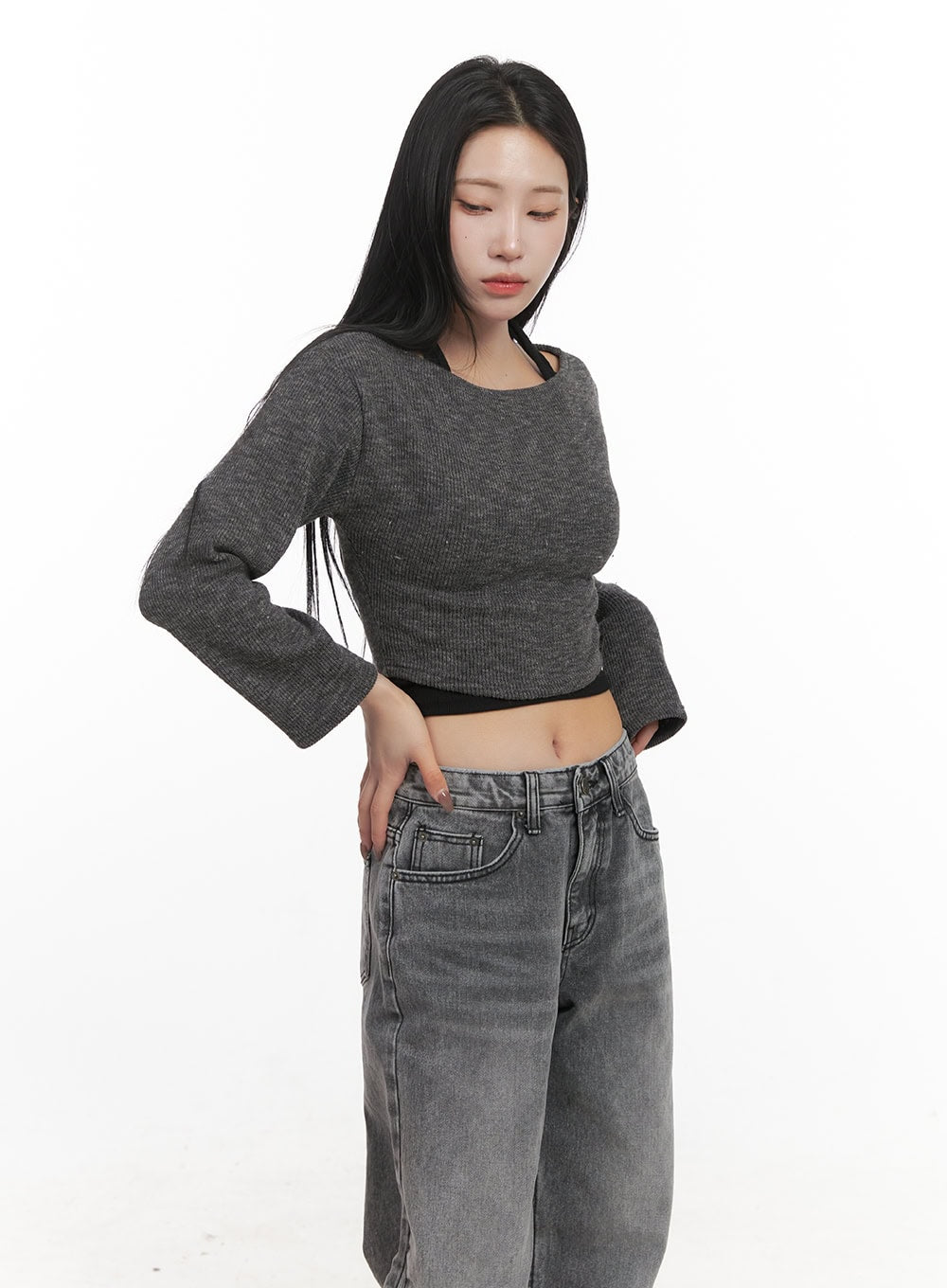 Off-Shoulder Long Sleeve Crop Top CJ517